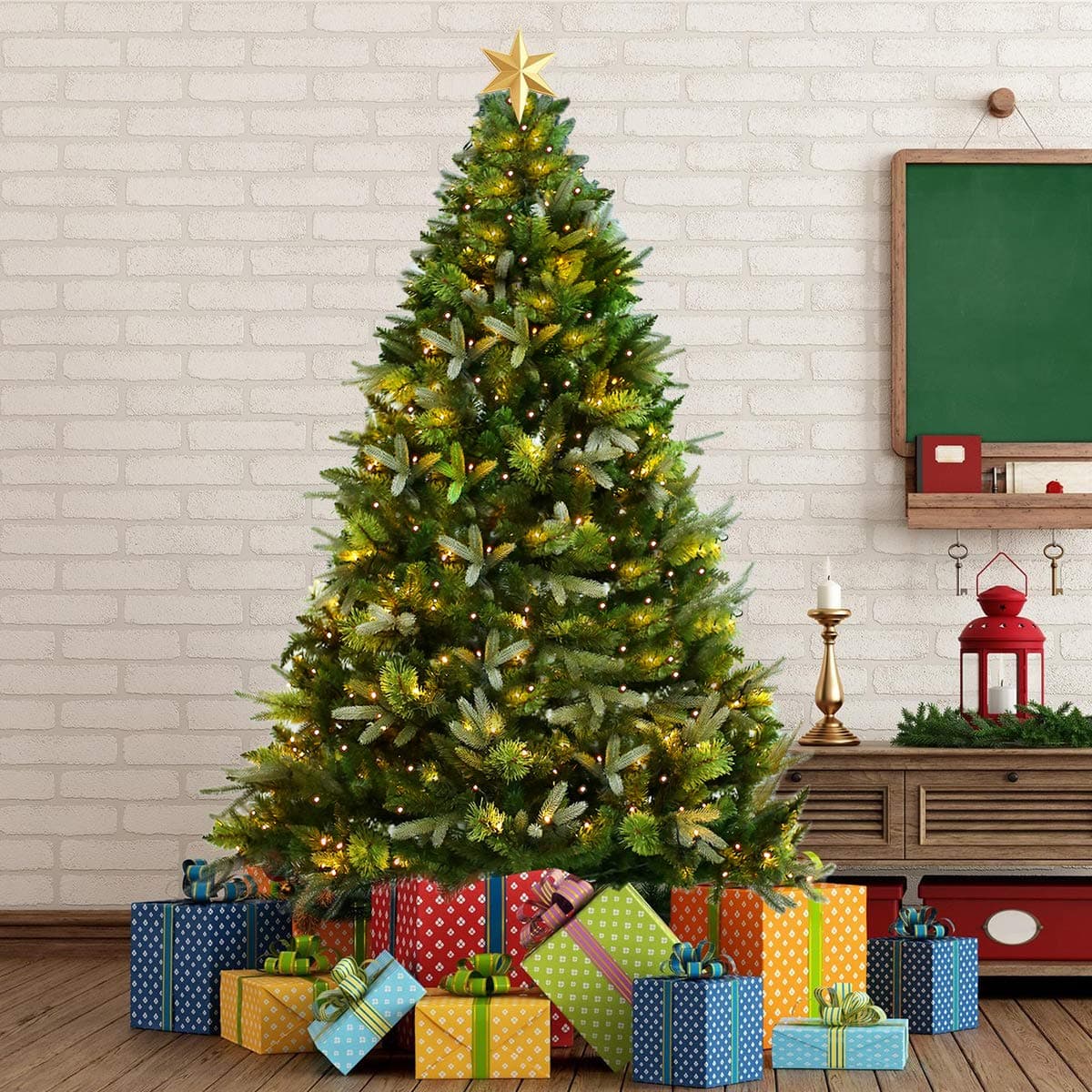 7.5 Foot Artificial Christmas Tree '' Feel-Real '' Easy Assembly Foldable Stand Metal Legs with 8 Modes Warm White Remote Controlled Led Lights