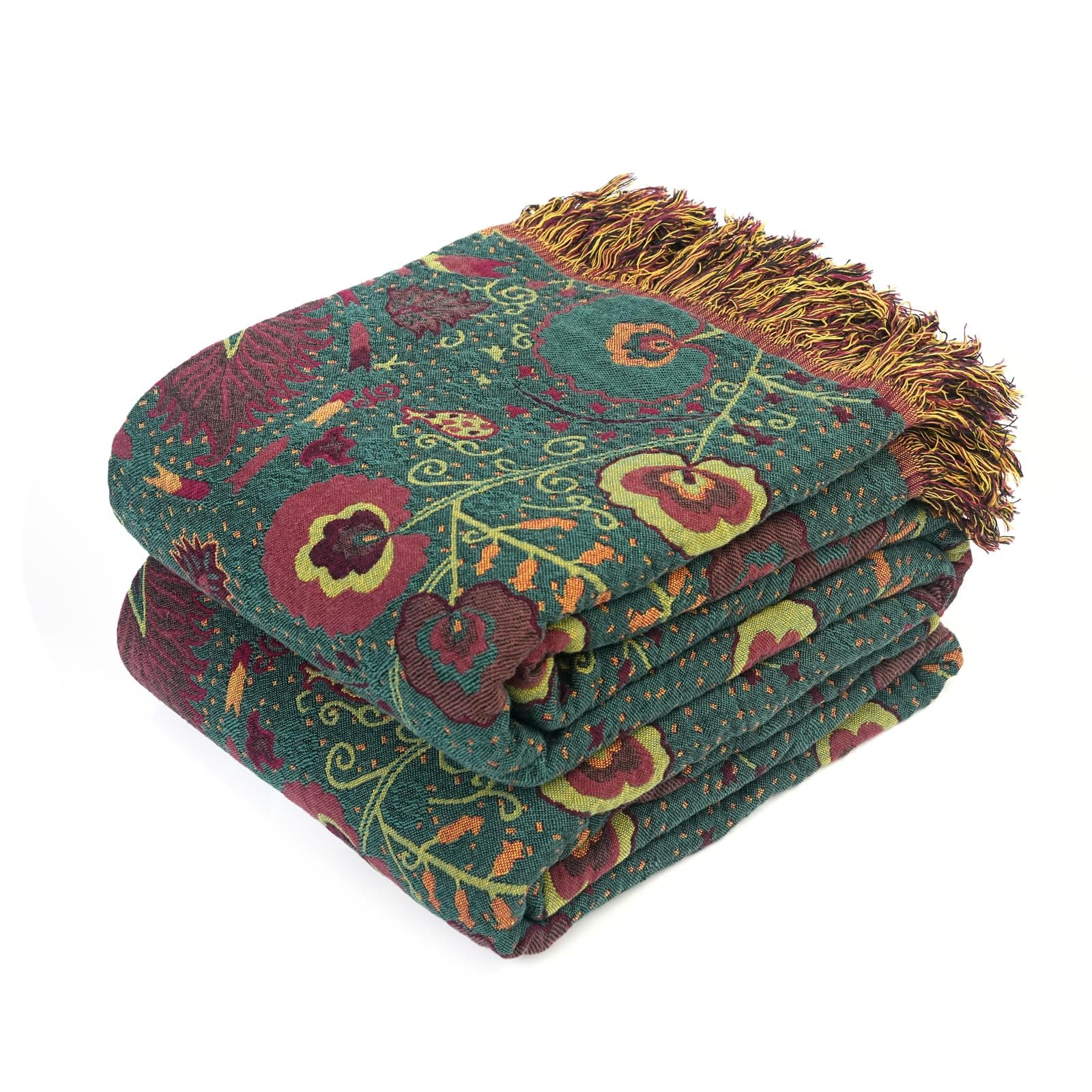 Boho Throw Blanket for Bed 100% Cotton Ultra Soft Rustic Quilt Farmhouse Decor Bed Fall Blankets,All Season Rustic Throw for Sofa Couch Chair (Flower-Dark Green, 80"×90")