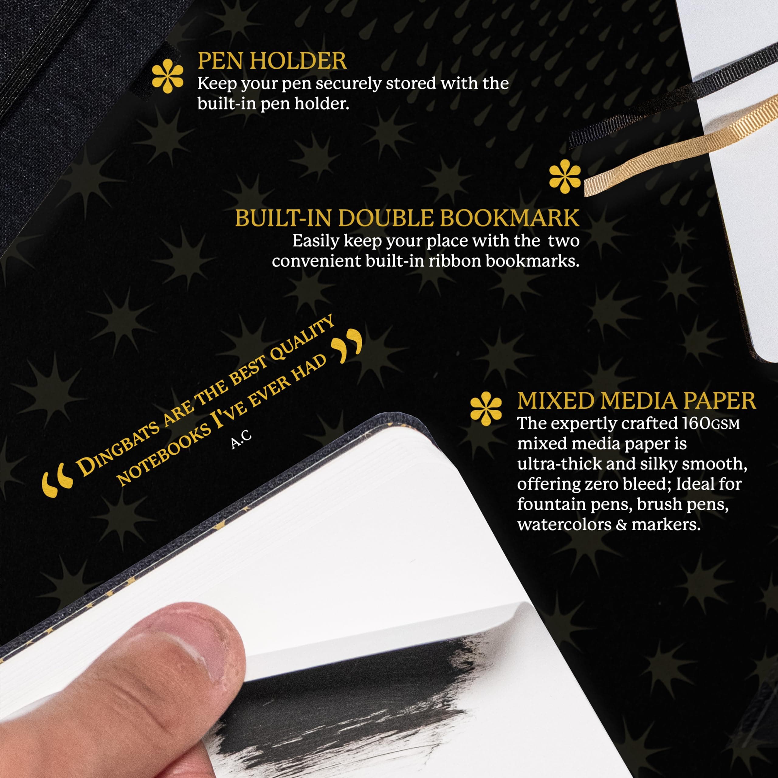 Dingbats* - Pro B5 Plain Large Notebook - Black Textile Cover, Thread-Bound Journal - for Work, Travel - Pocket, Elastic Closure, Pen Holder, Bookmark