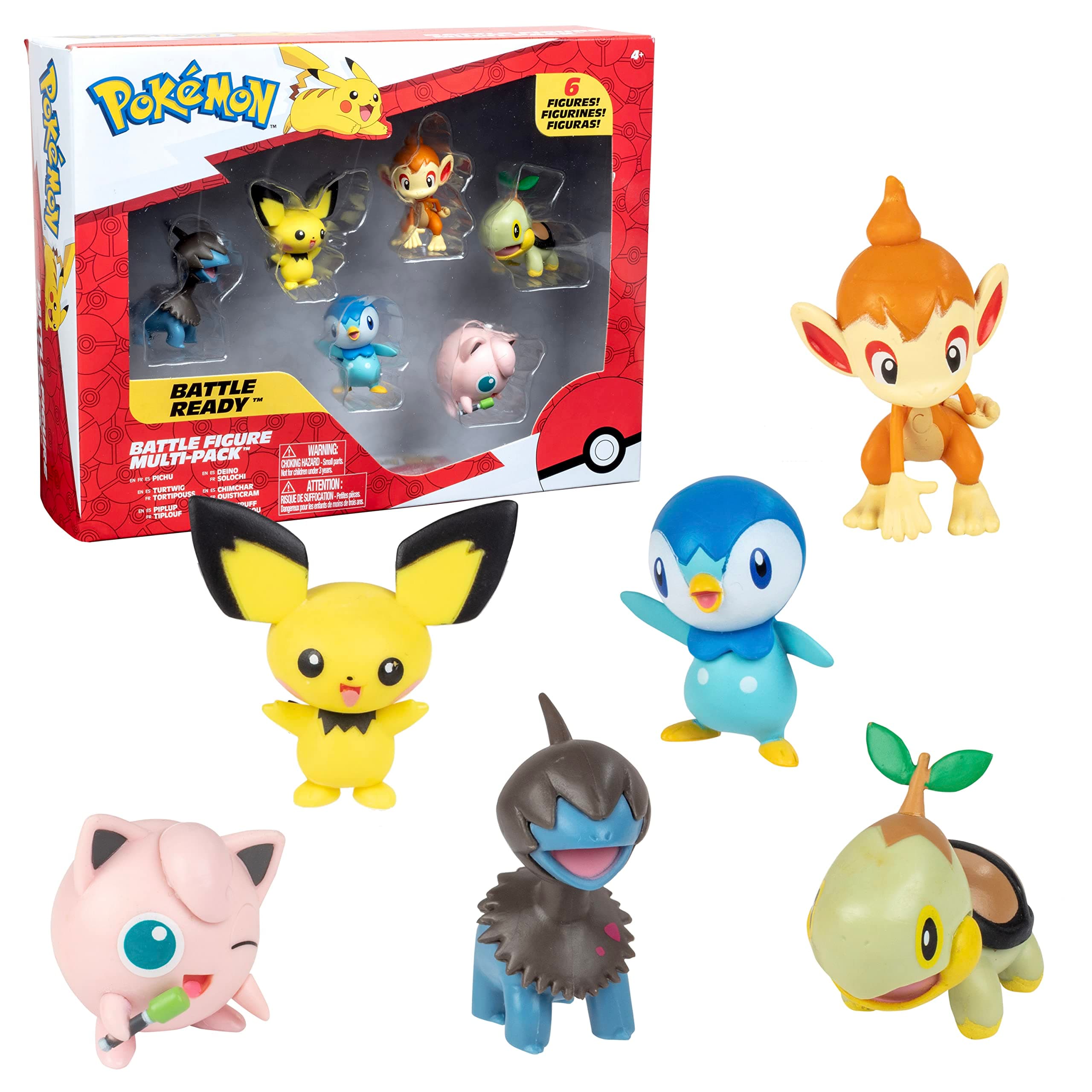 Pokemon Figure Toy Multi Pack Set - 6 Piece Playset - Includes 2" Pichu, Yamper, Turtwig, Piplup, Chimchar & Deino- Generation 4 Diamond & Pearl Starters - Officially Licensed - Gift for Kids- Ages 4+