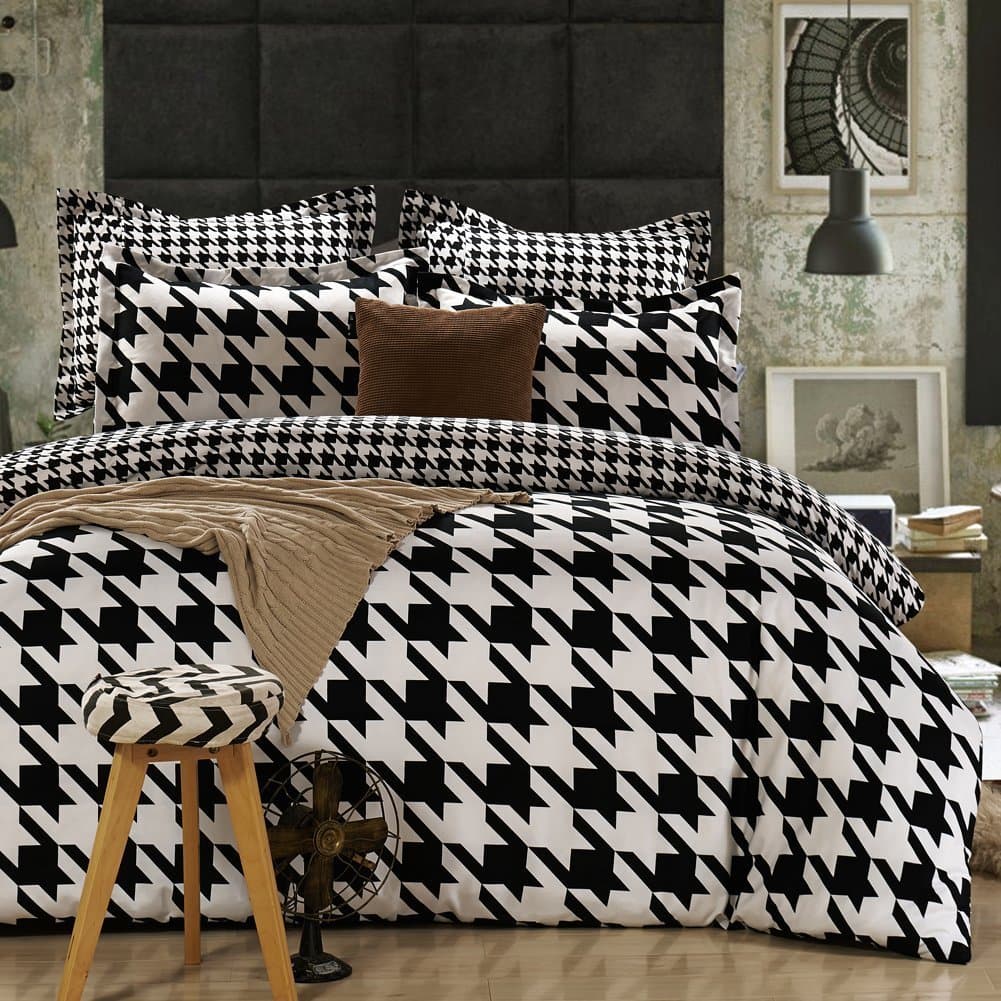 Queen Tina Microfiber Polyester Houndstooth Print 4PC Duvet Cover Set Full/Queen Size Black&White