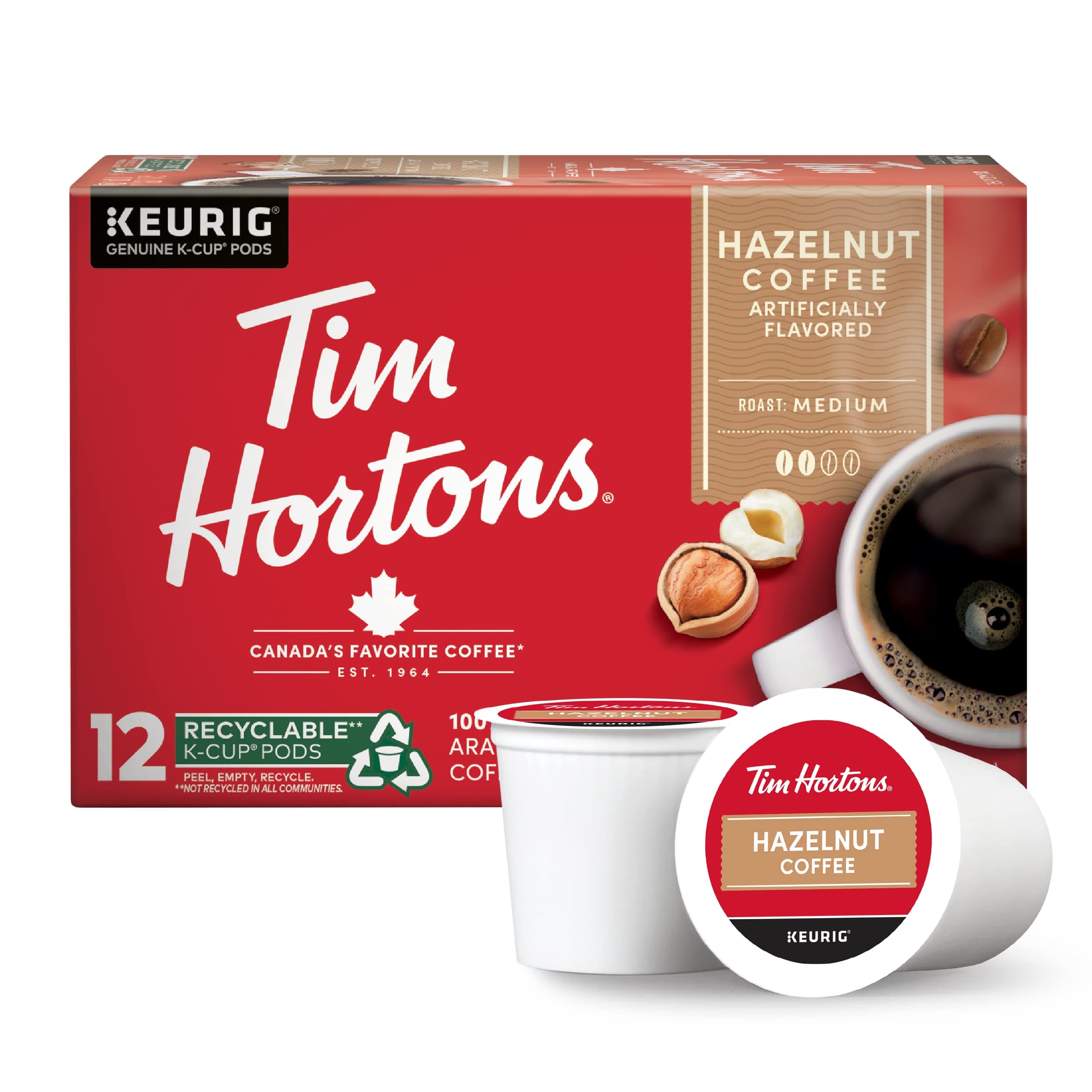 Hazelnut Flavored, Medium Roast Coffee, Single-Serve K-Cup Pods Compatible with Keurig Brewers, 12ct K-Cups, Red