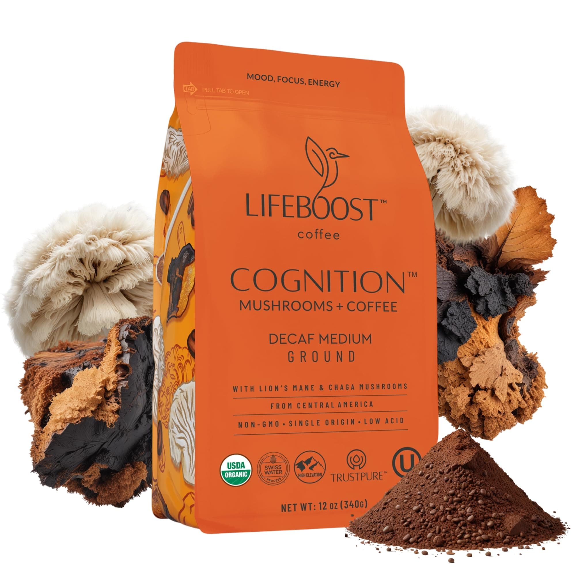 Lifeboost Cognition Adaptogenic Decaf Mushroom Coffee - Low Acid Decaf Medium Organic Coffee with Nootropic Lions Mane & Chaga Mushrooms - Increase Energy, Boost Focus & Immune Support - 12 oz Bag