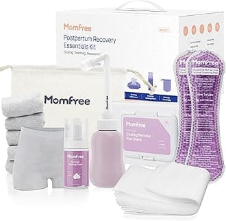 Postpartum Essentials Recovery Kit: Labor Delivery Post Partum 7 Pack Recovery Mom Care Set - Upside Down Peri Bottle | XL Disposable Underwear | Soothing Pads | Perineal Healing Foam | Canvas Bag