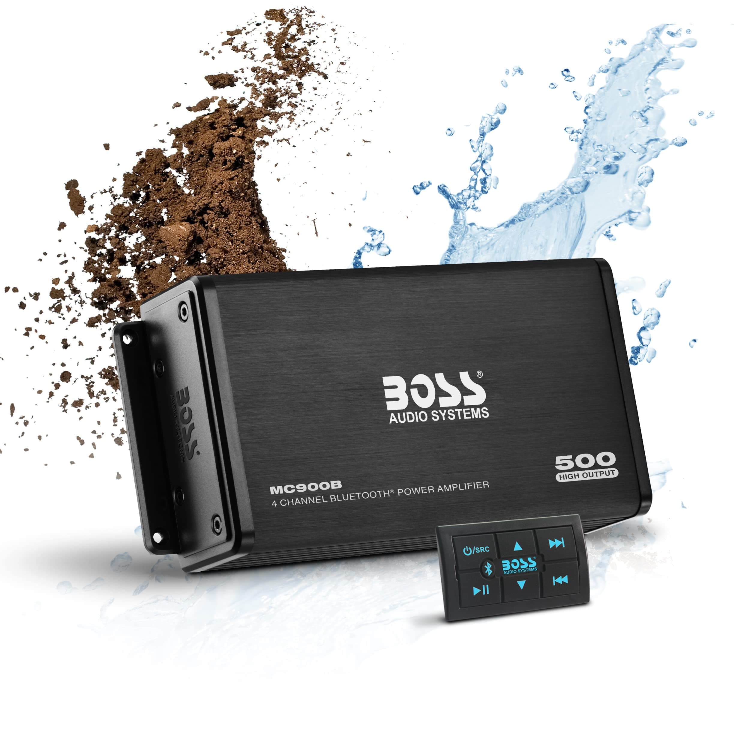 BOSS Audio Systems MC900B 4 Channel Weatherproof Amplifier - Bluetooth Enabled, 500W with Bluetooth Multifunction Remote Control, Full Range A/B Class, Stable 4-8 Ohm Drive, AUX-IN RCA Output, USB Rechargeable