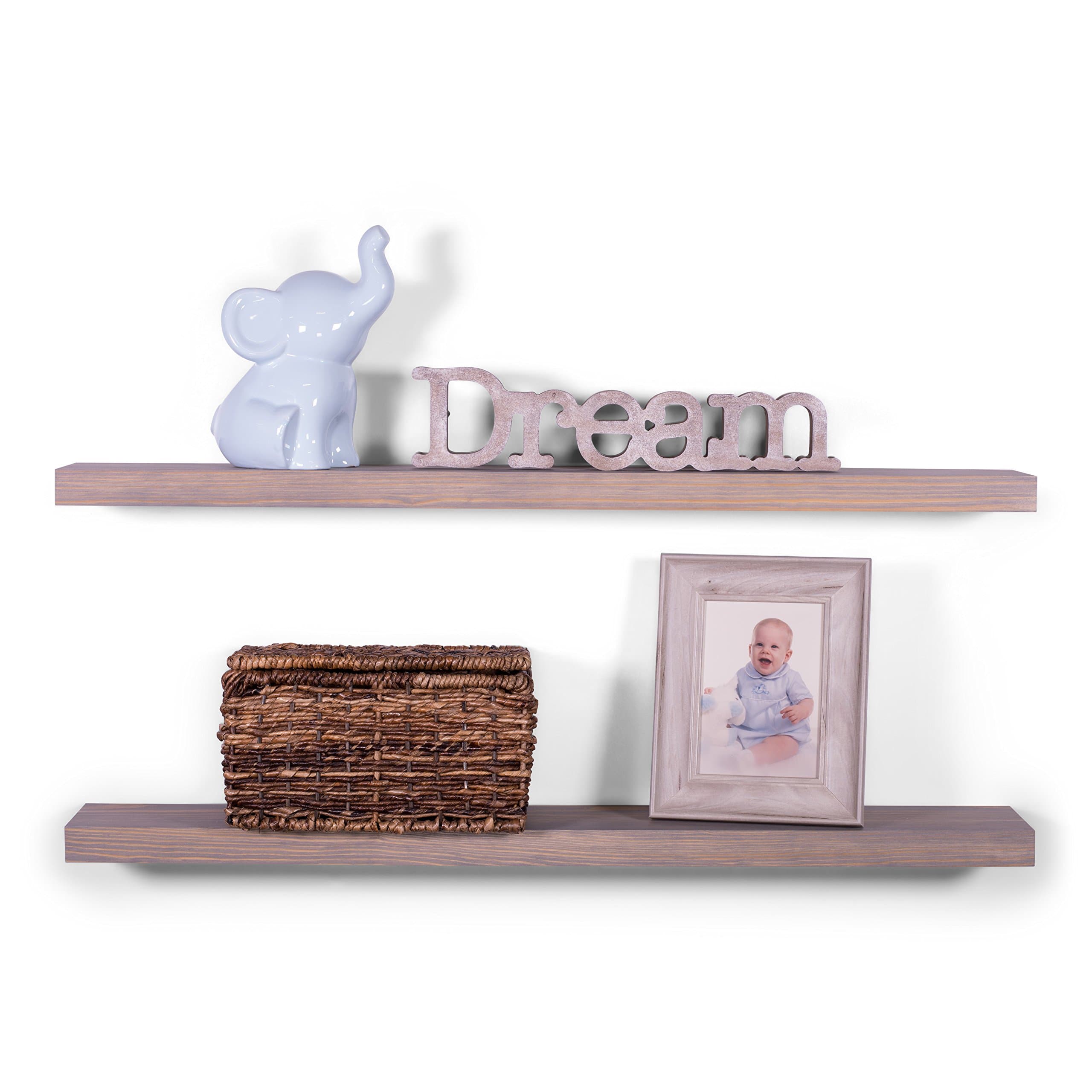 DAKODA LOVE 36" x 5.25" Clean Edge Solid Wood Floating Shelves | Premium Handmade Quality | Easy Hidden Bracket Wall Mount | Modern Rustic Pine | Set of 2 (Greige)