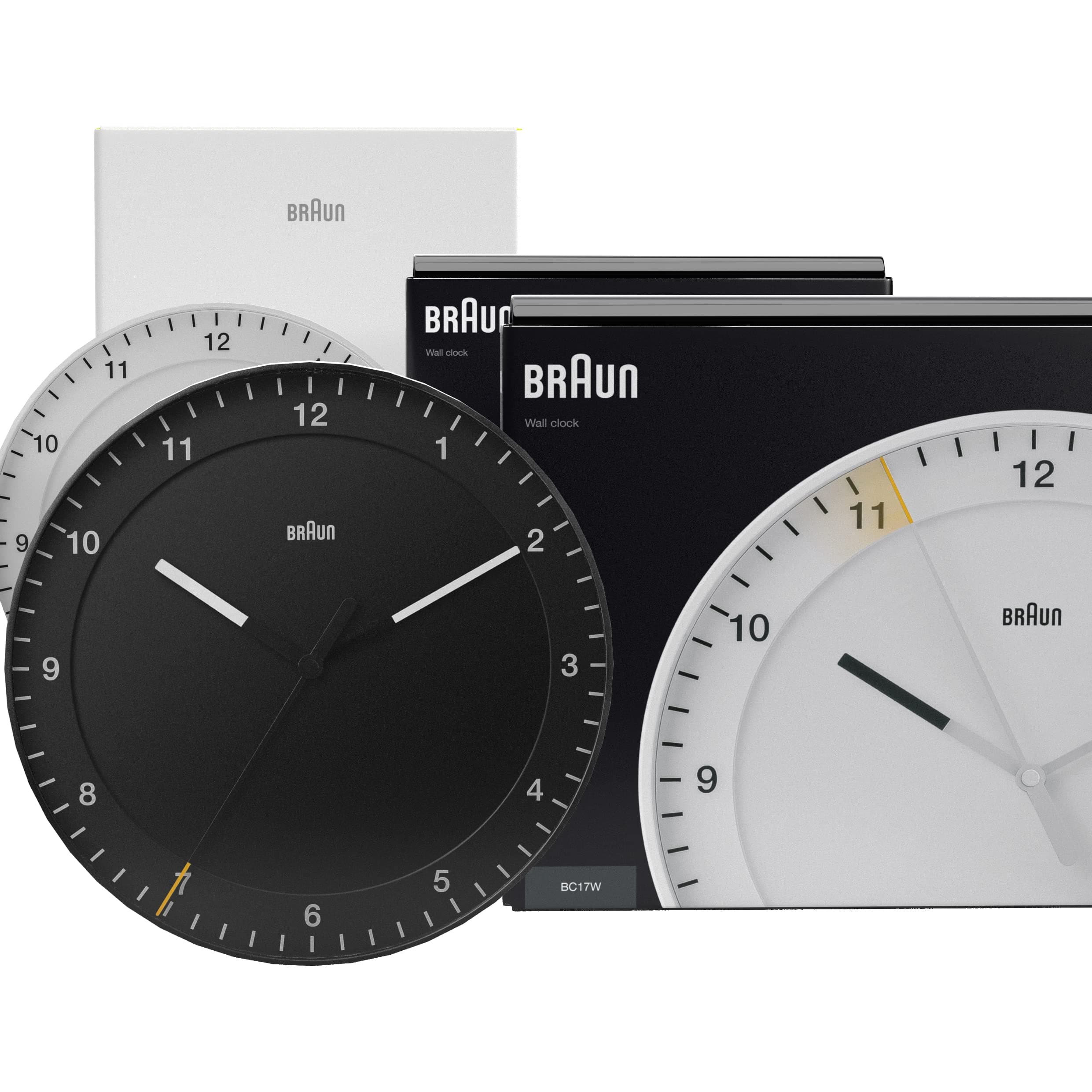 Braun Wall Clock New Home Housewarming Gift Bundle for Men & Women with Silent Sweep Movement, Easy To Read, 30cm Diameter in Black and White, model BC17B, BC17W (2 Pack)