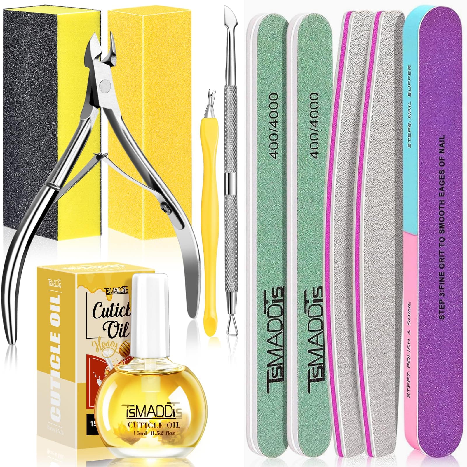 Nail Buffers and Files Set with Buffer Blocks, Cuticle Trimmer, Pusher and Cuticle Oil, Nail Care Kit for Women