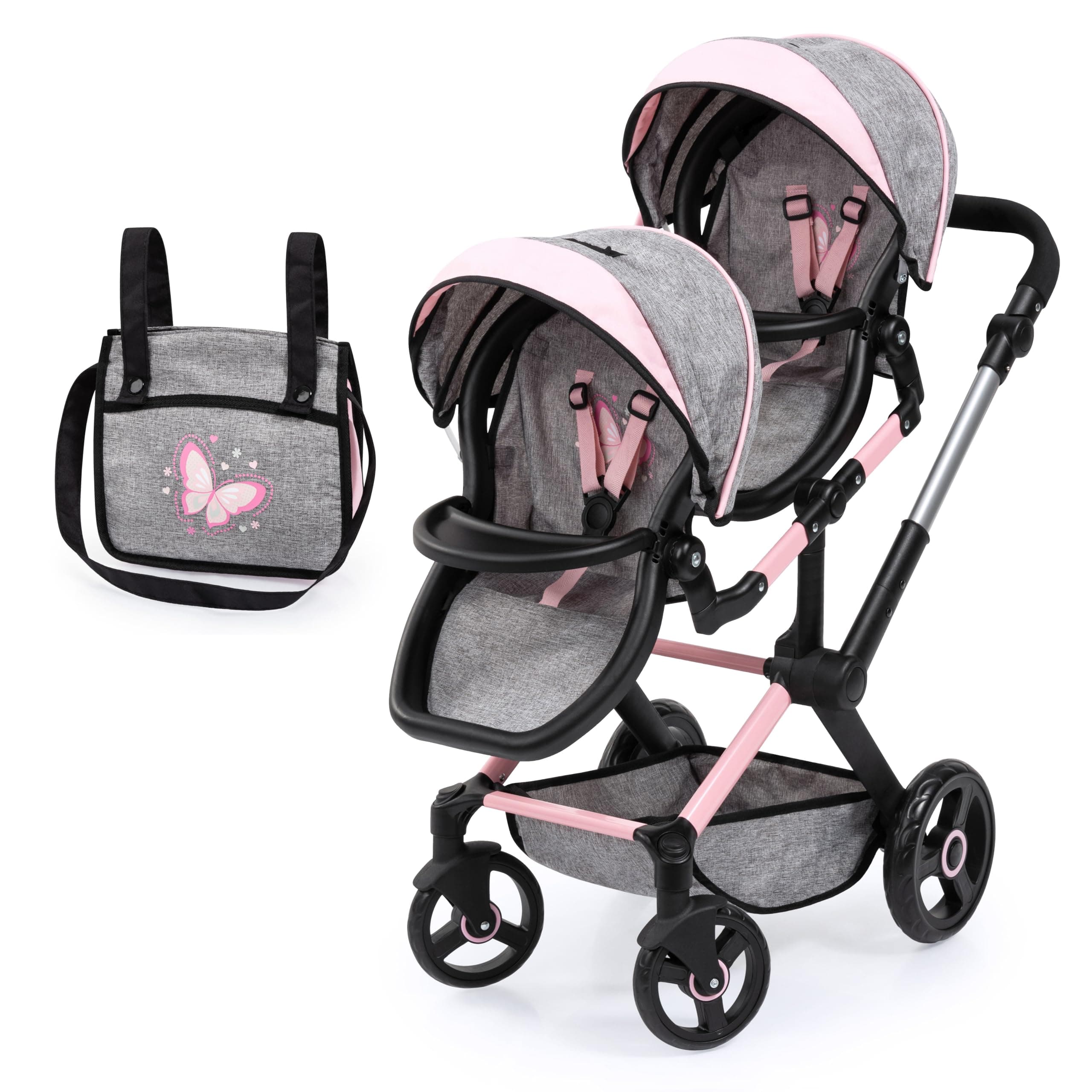 Bayer Design 26733AA Twin dolls pram, carriage, adjustable handle, foldable, bag, grey, pink