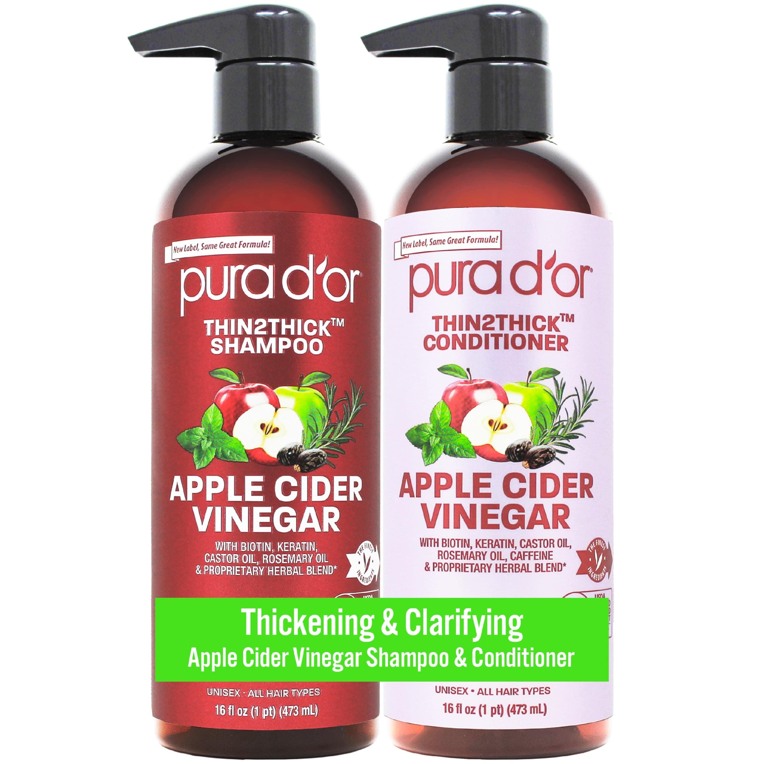 PURA D'OR Apple Cider Vinegar Thin2Thick Set (16oz x 2) ACV Shampoo & Conditioner, Clarifying - Biotin, Keratin, Caffeine, Castor Oil, Aloe - All Hair Types, Men & Women (Packaging may vary)