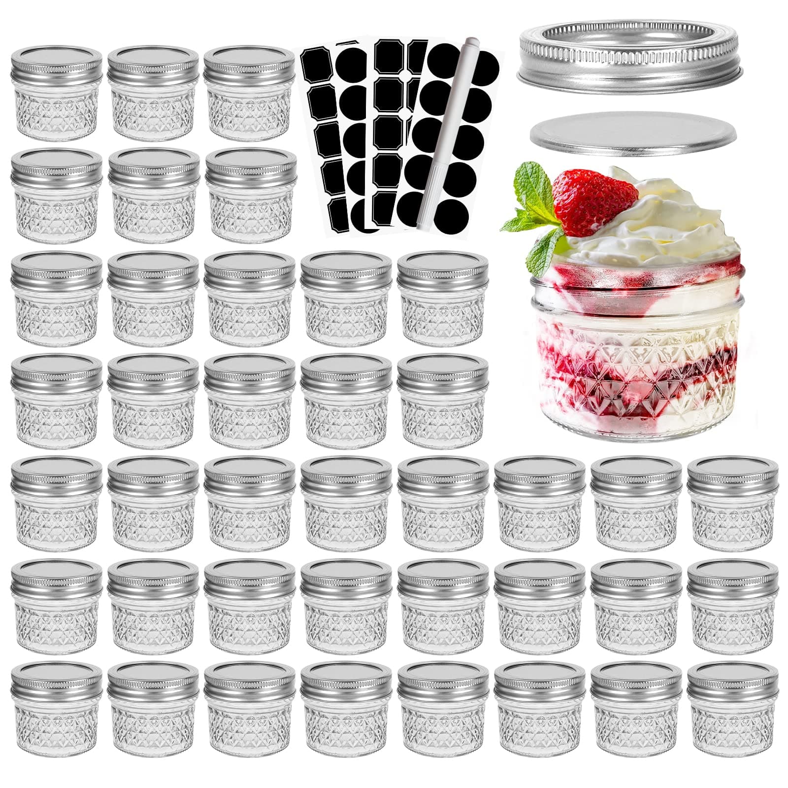 CycleMore 40 Pcs 4oz Clear Glass Mini Mason Jars With Silver Separable Lids and Diamond appearance, Small Spice Canning Jars for Honey, Jam, Jelly, Wedding Favors, Kitchen Food Storage