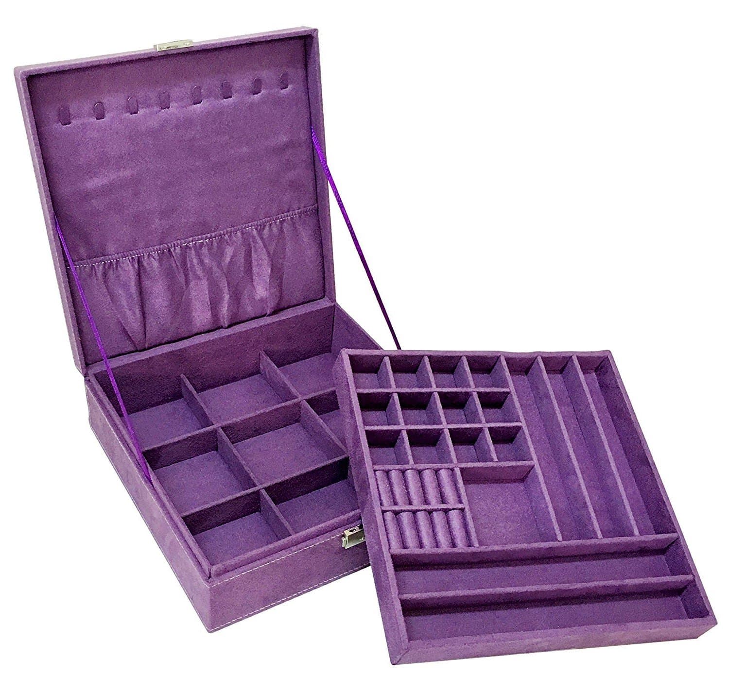 First to act tacticalFirst to act tactical Two-Layer lint Jewelry Box Organizer Display Storage case with Lock (Purple, 10.2" x 10.2" x 3.2")