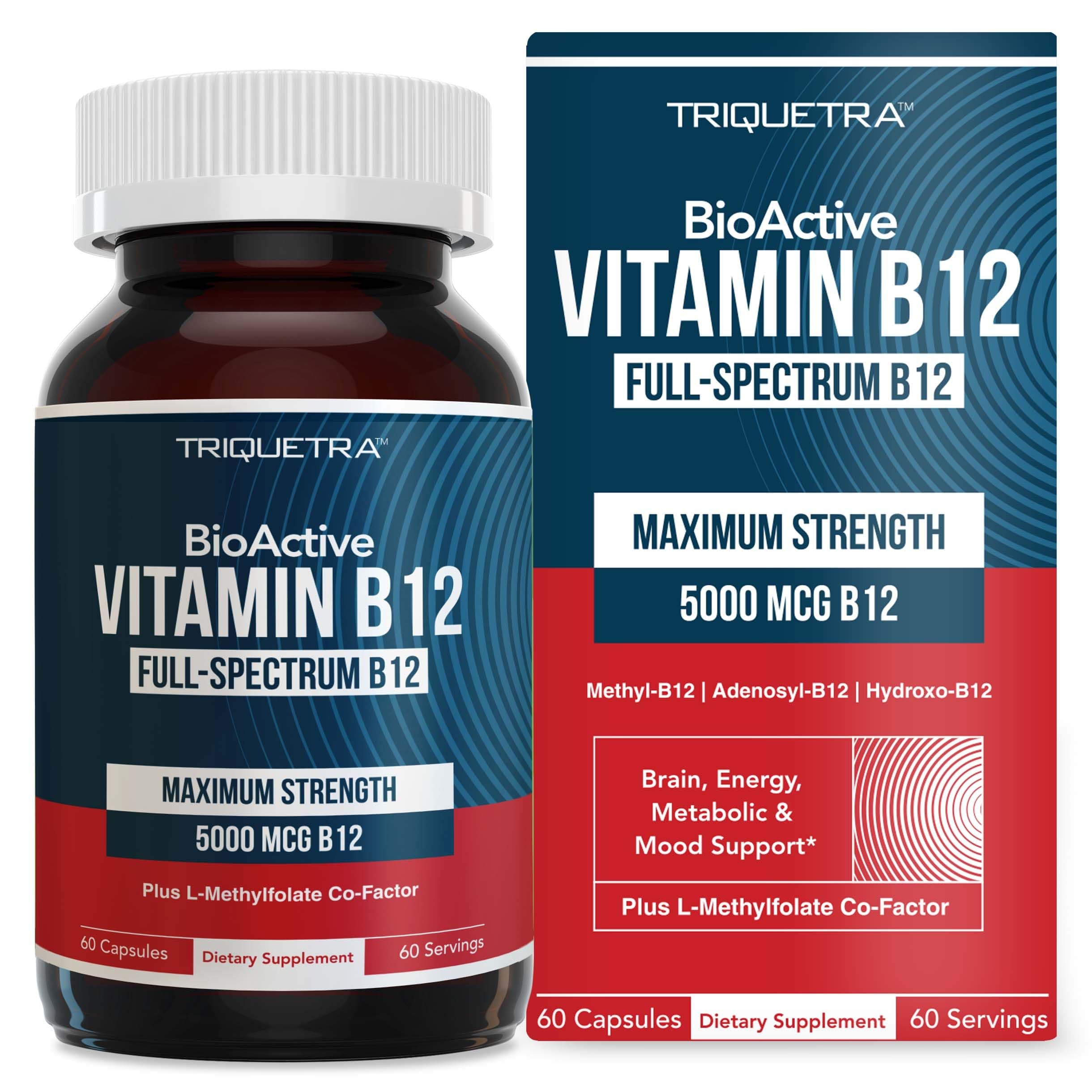 BioActive Vitamin B12 - 5000 mcg, Contains 3 BioActive Forms B12 Plus Methylfolate Cofactor - Methyl B12, Adenosyl B12 & Hydroxy B12 | Supports Energy, Metabolism & Mood | Vegan, Non-GMO (60 Servings)
