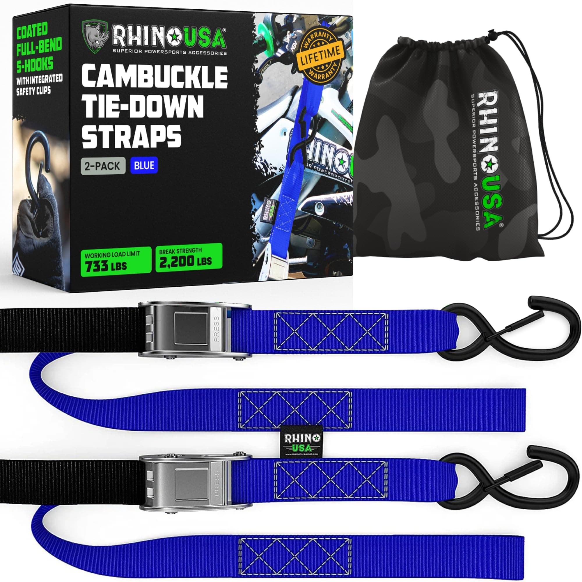 RHINO USA Motorcycle Tie Down Straps (2 Pack) Lab Tested 3,328lb Break Strength, Steel Cambuckle Tiedown Set with Integrated Soft Loops - Better Than a Ratchet Strap