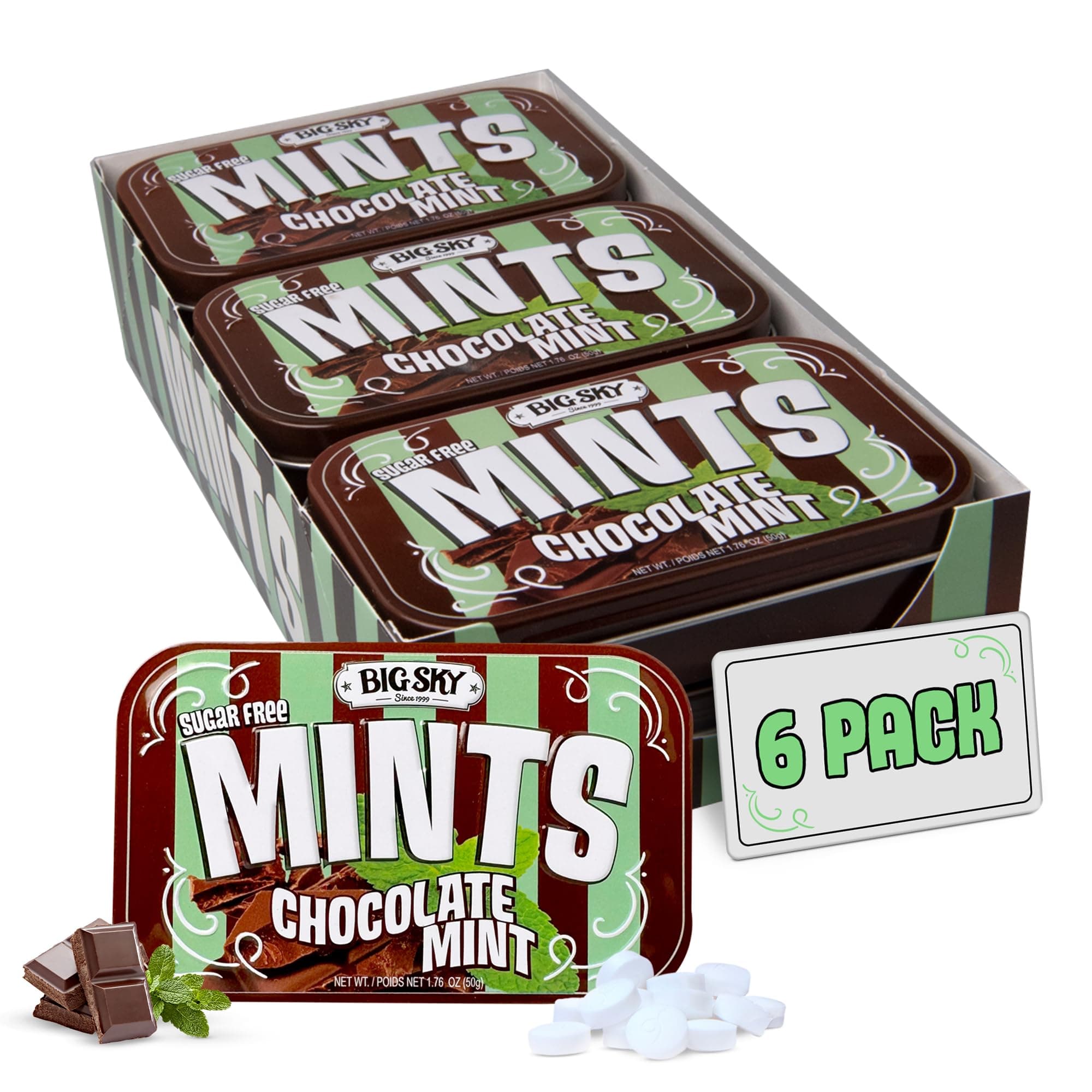 Big Sky Sugar Free Mints - Chocolate Mint - 50 Count Tin (Pack of 6) | Kosher Certified, Vegan Candy | Aspartame & Gluten Free | Sugar Free Mints for Travel & Sharing, Long Lasting Freshness