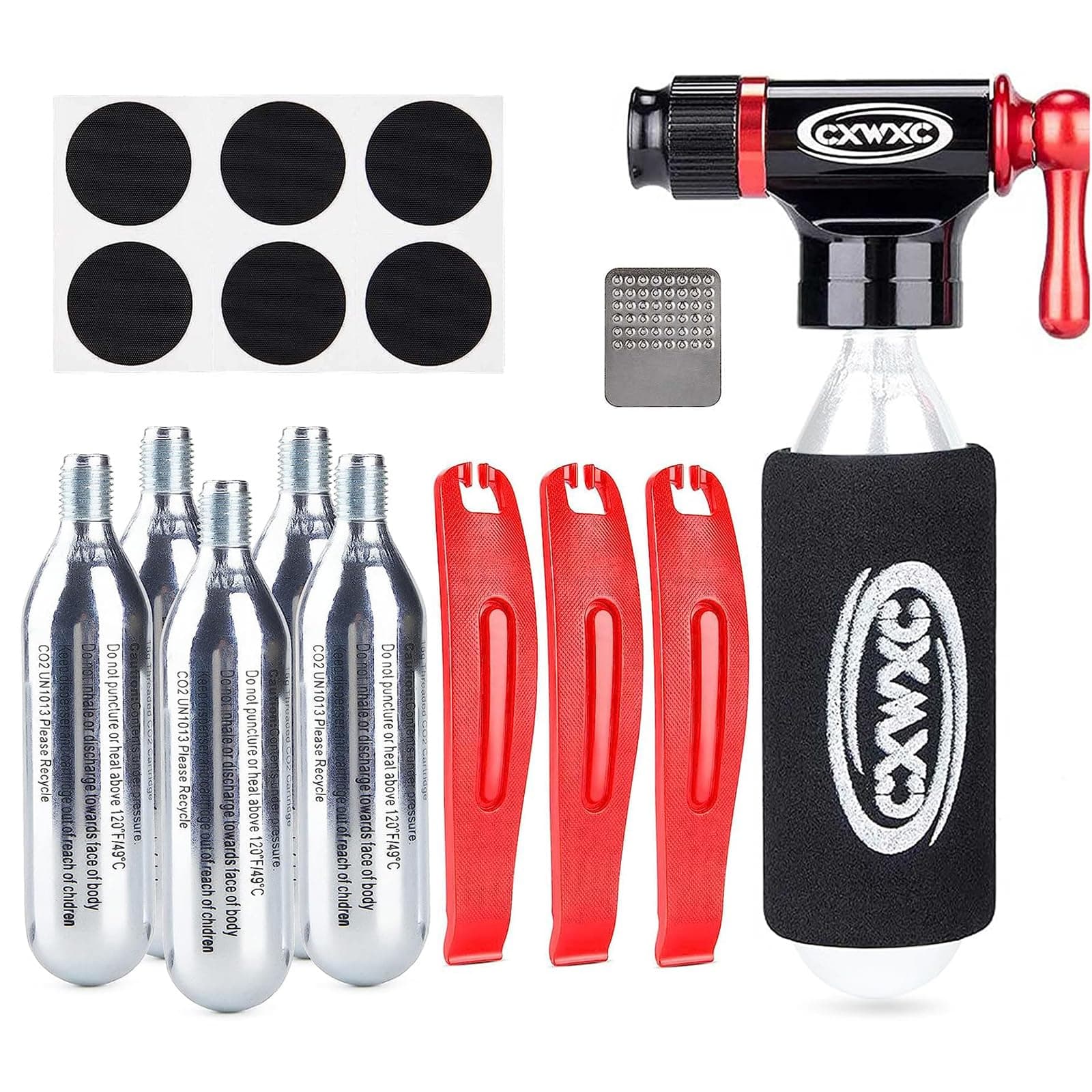 CO2 Inflator Kit with 5 X 16g CO2 Threaded Cartridges- Presta & Schrader Valve Compatible -Portable CO2 Bike Tire Pump Come with Glueles Repair Kit for Road & Mountain Bike