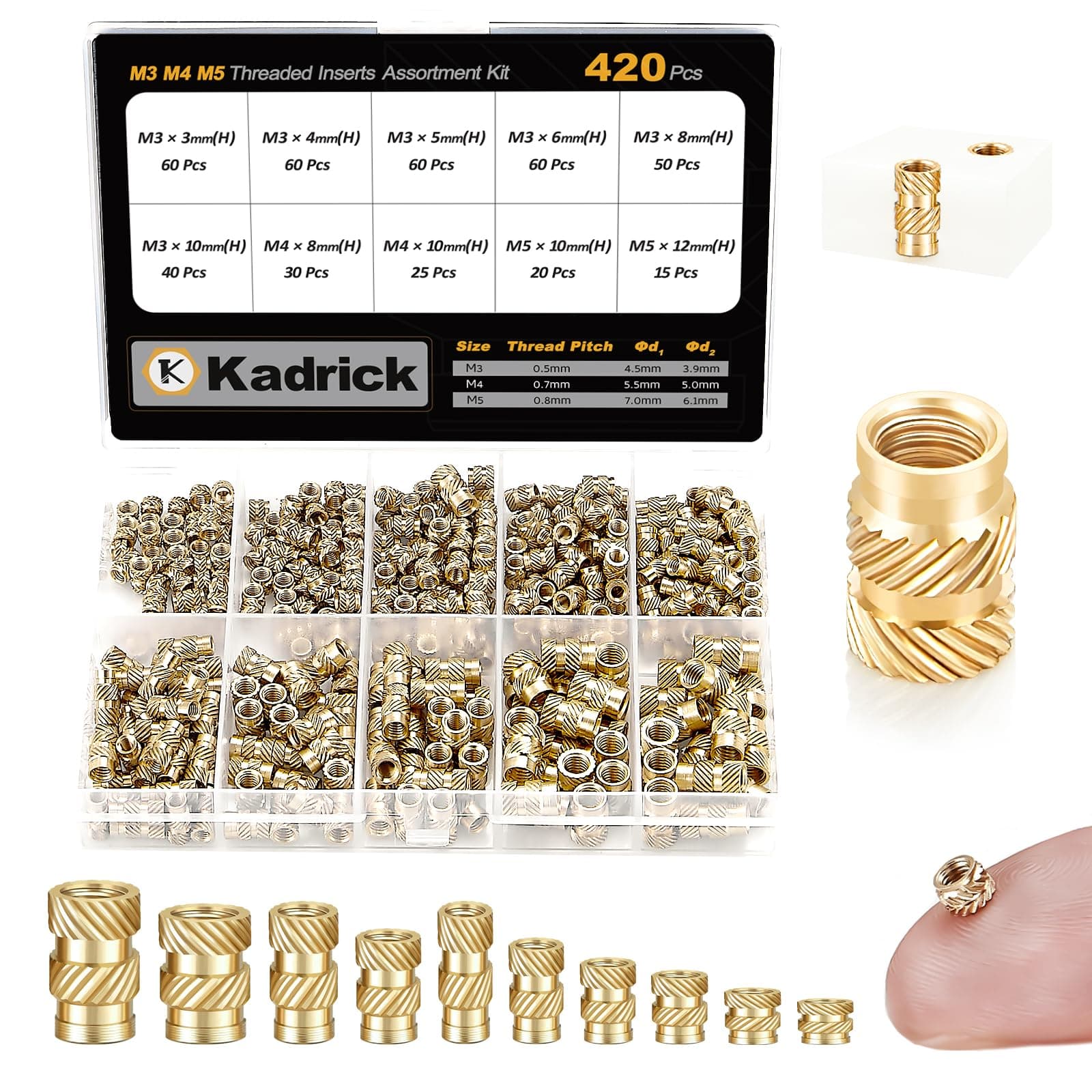 Kadrick 420Pcs M3 M4 M5 Threaded Inserts Assortment Kit for 3D Printing Components, Metric Brass Knurled Nuts, Insert by Heat into Plastic Parts