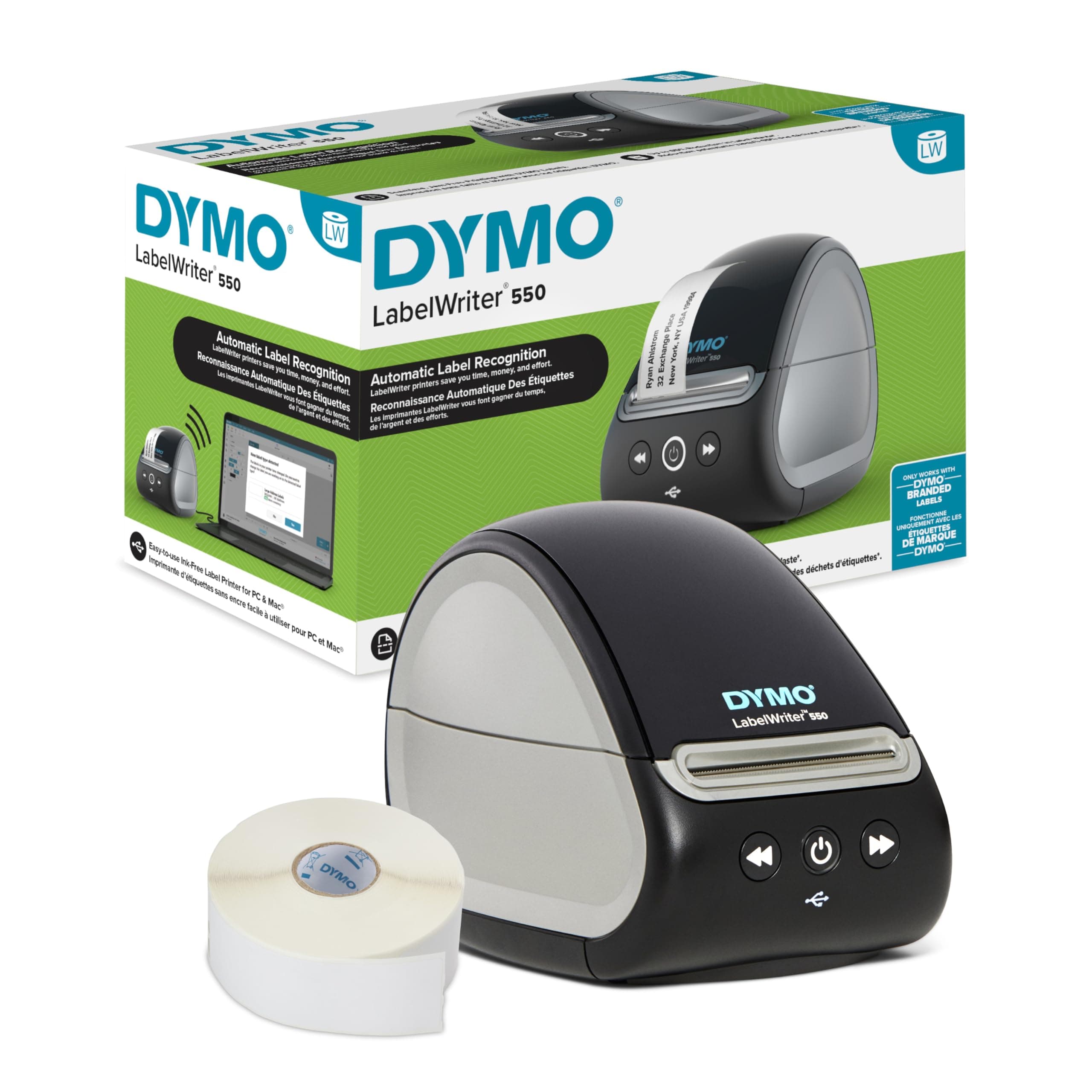 DYMO LabelWriter 550 Printer 2 x LW Multipurpose Labels 32 x 57mm 1000 1 x LW Multipurpose Labels 54 x 70mm 320 1 x LW Durable Labels 25 x 54mm 160, Black