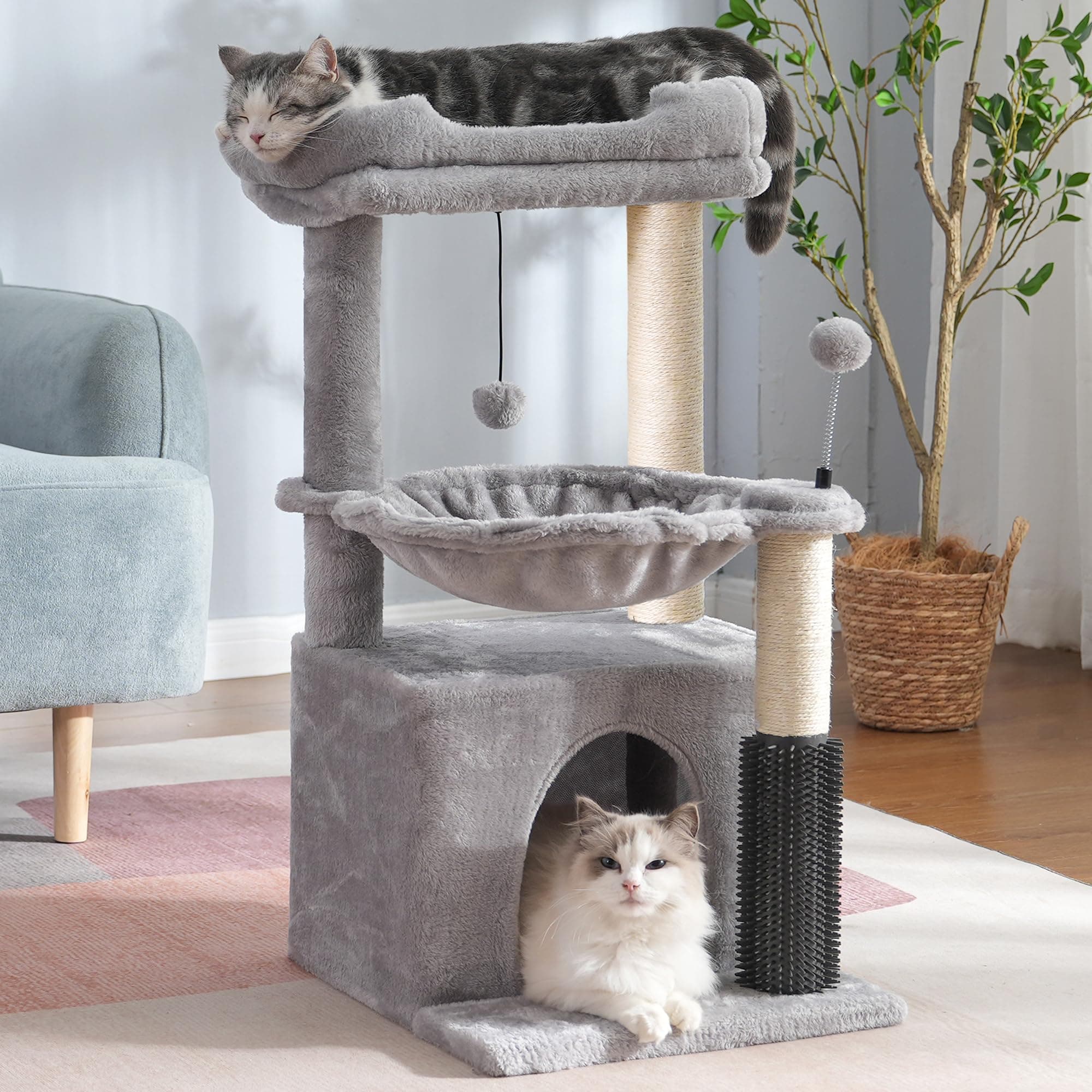 Cat Tree 32 Inches Small Cat Tower with Large Hammock Dia 15.7”,Self Groomer, Fully Scratching Post, Removable Top Bed and Wide Hideway Condo for Indoor Cats-Gray