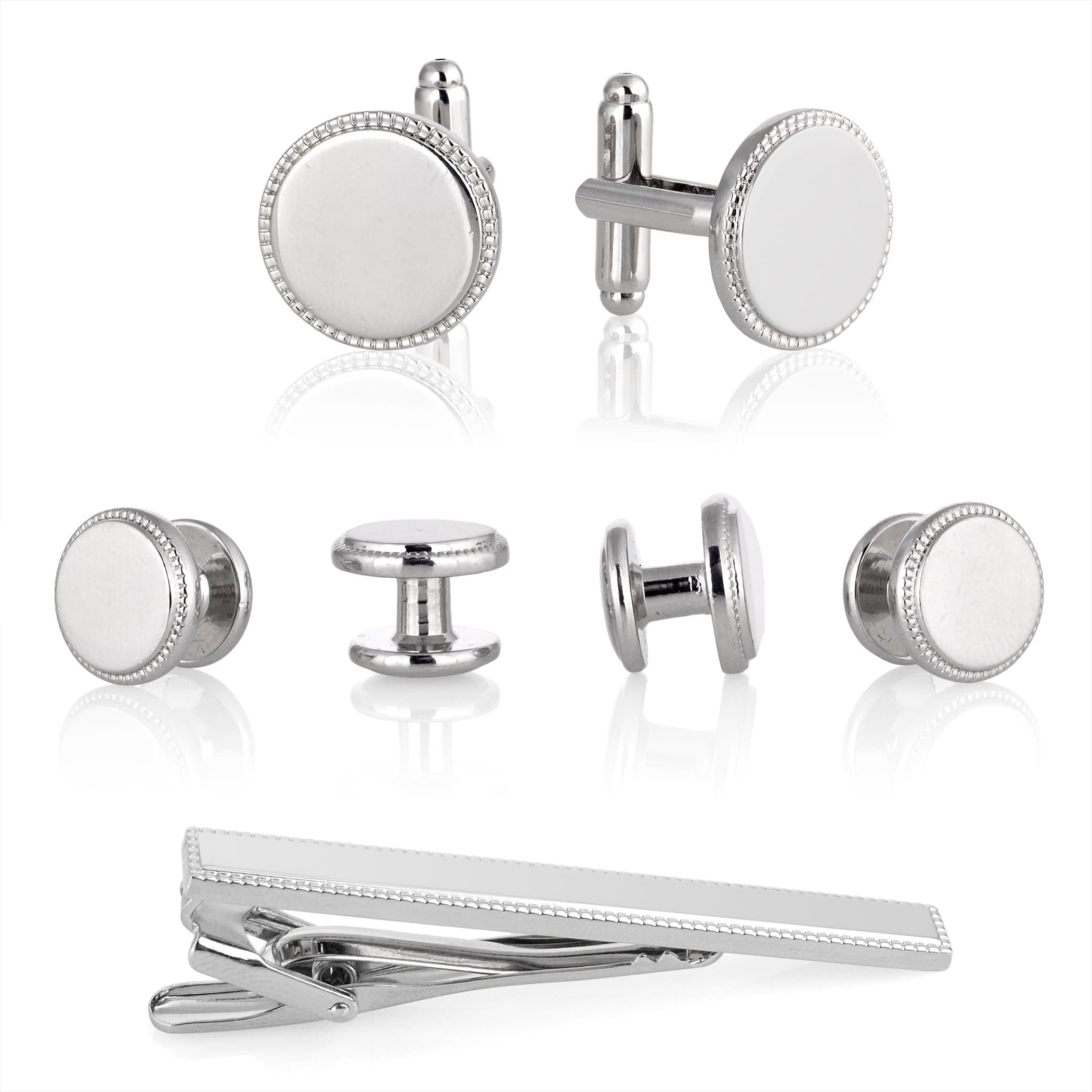 Cufflinks and Studs Set for Tuxedo - White with Shiny Silver Trimming in Presentation Box