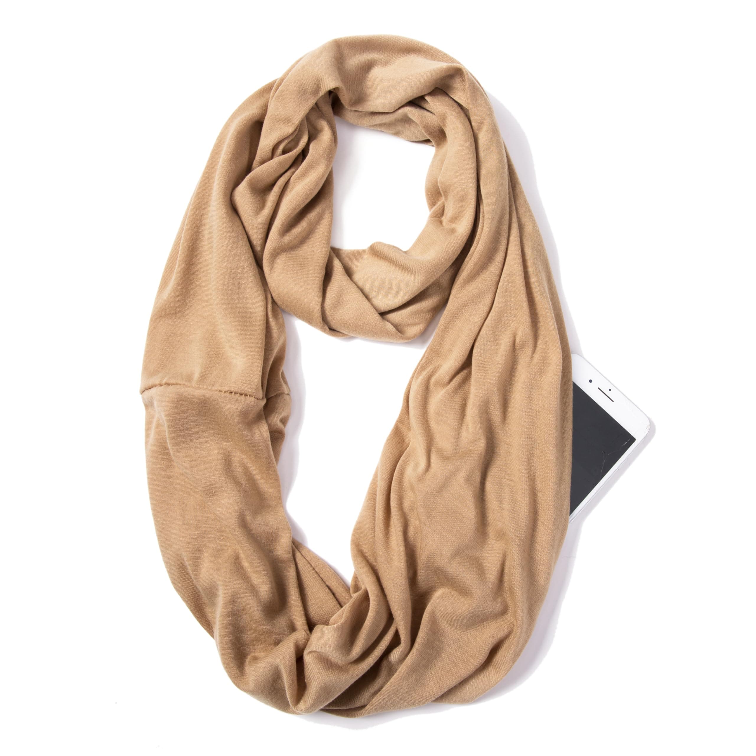 Infinity Loop Solid Color Scarf With Hidden Zipper Pocket For Women - Lightweight Travel Neck Wrap