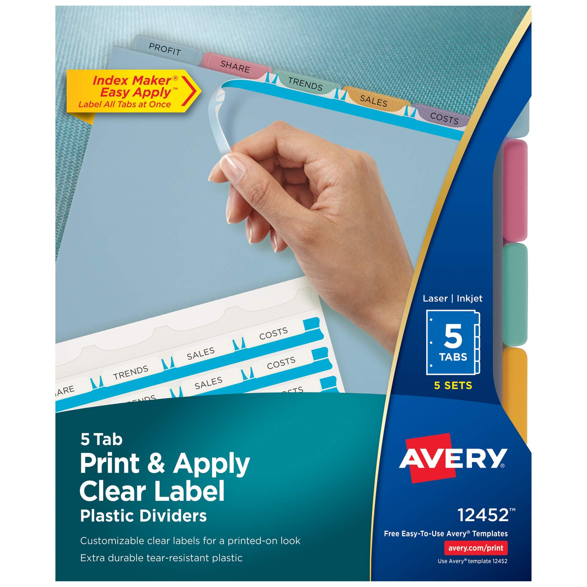 AVERY Plastic 5-Tab Dividers, Easy Print & Apply Clear Label Strip, Index Maker, Multicolor, 5 Sets (11452), Assorted, Blue