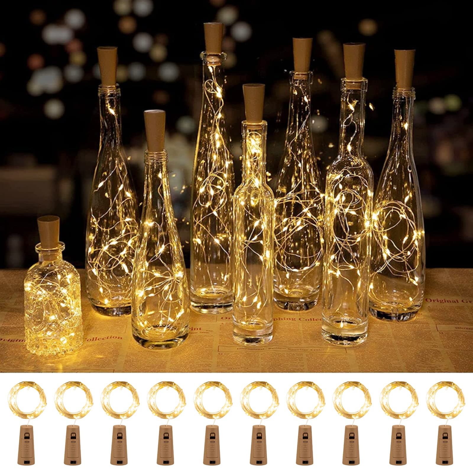 Brightown Wine Bottle Lights with Cork, 10 Pack 20 LED Waterproof Battery Operated Cork Lights, Silver Wire Mini Fairy Lights for Liquor Bottles DIY Party Bar Christmas Wedding Décor