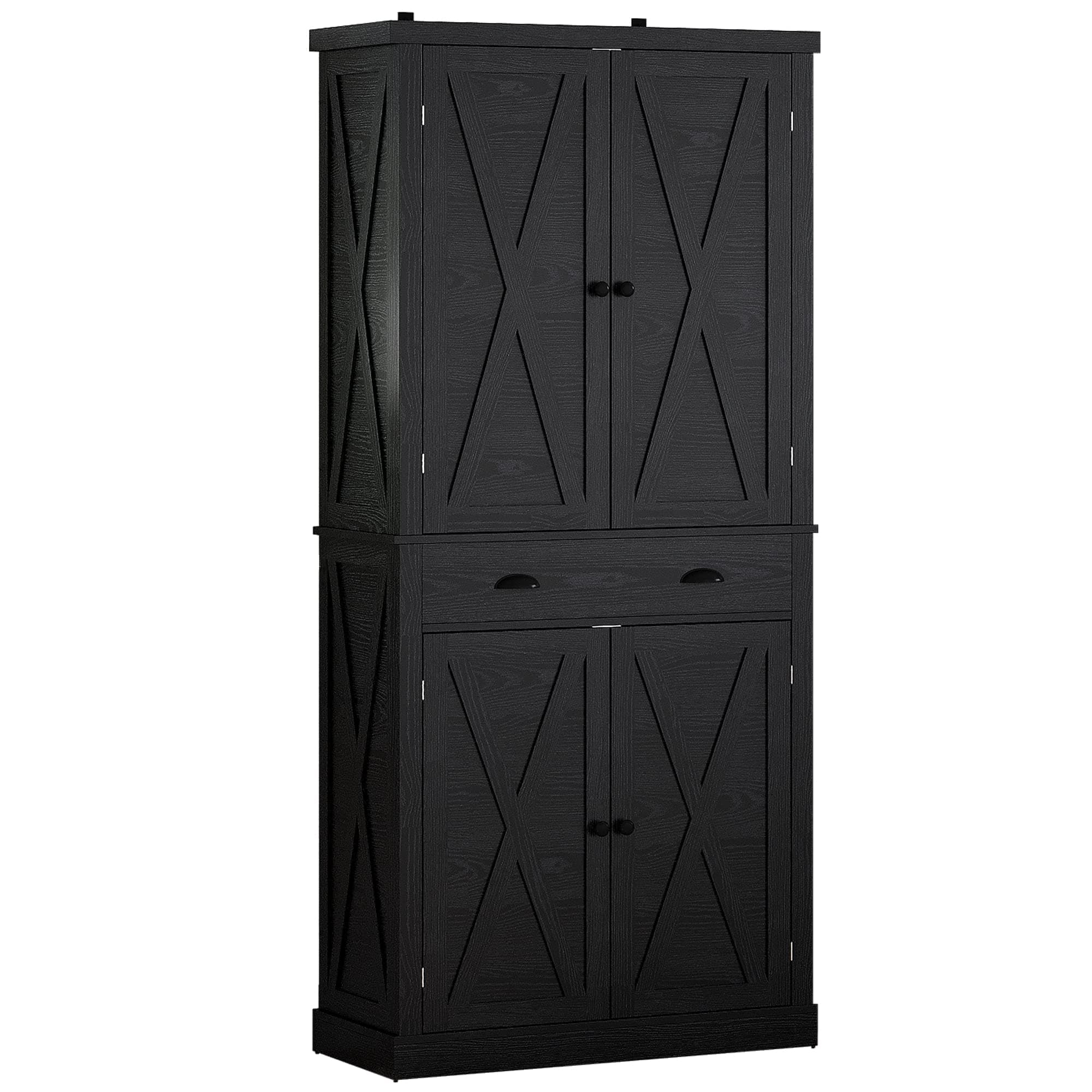 IRONCK Kitchen Pantry Storage Cabinet 72.6" H, with Barn Doors, Drawer, 4 Adjustable Shelves, Freestanding Cupboard for Dining Room Living Room, Laundry, Black