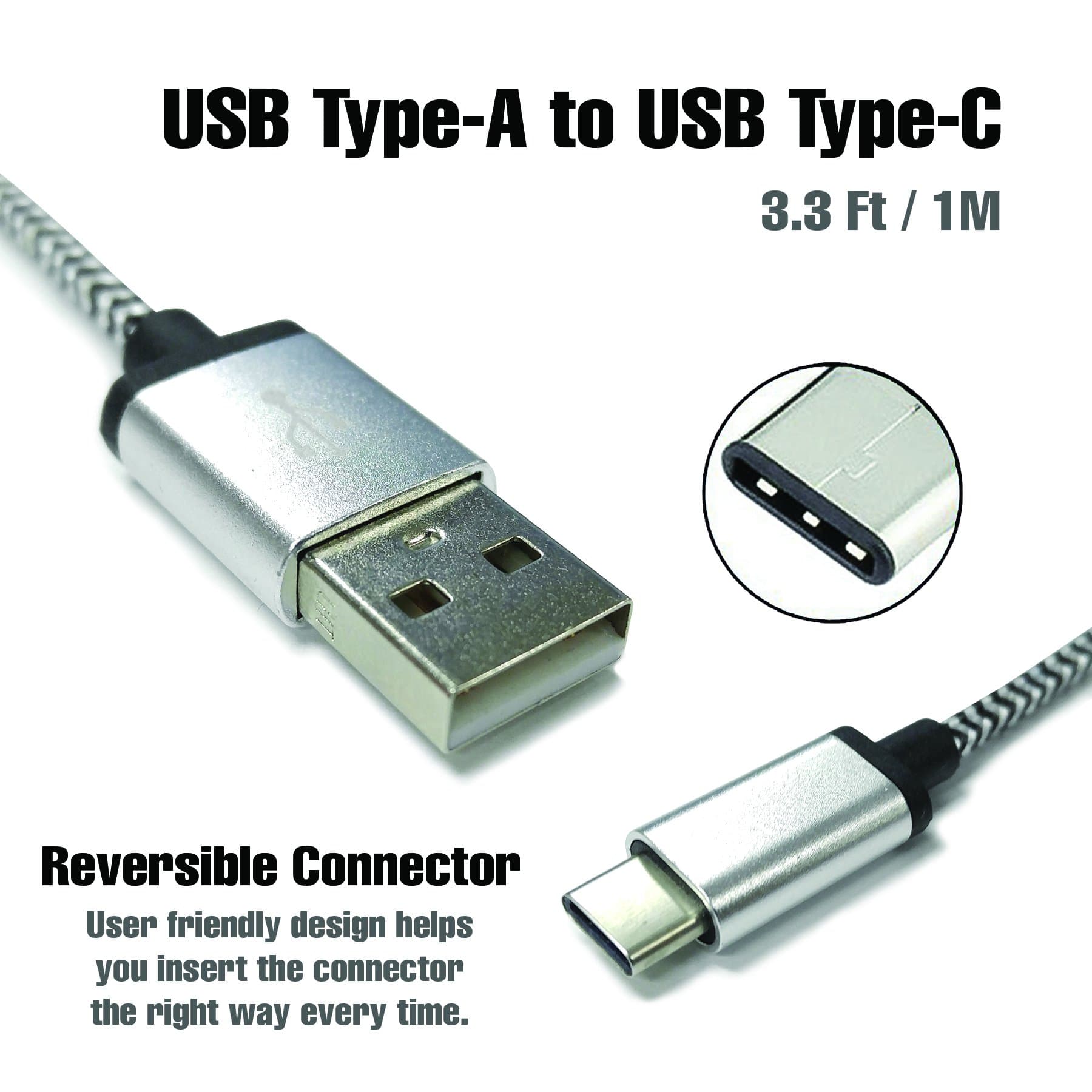 USB Type C Cable, 3.3 Ft (1M) Nylon Braided USB C Cable with Reversible Connector for LG G5, Huawei Nexus 6P, LG Nexus 5X, 12" Macbook, Chromebook Pixel, and Other USB Type C Devices (Silver)