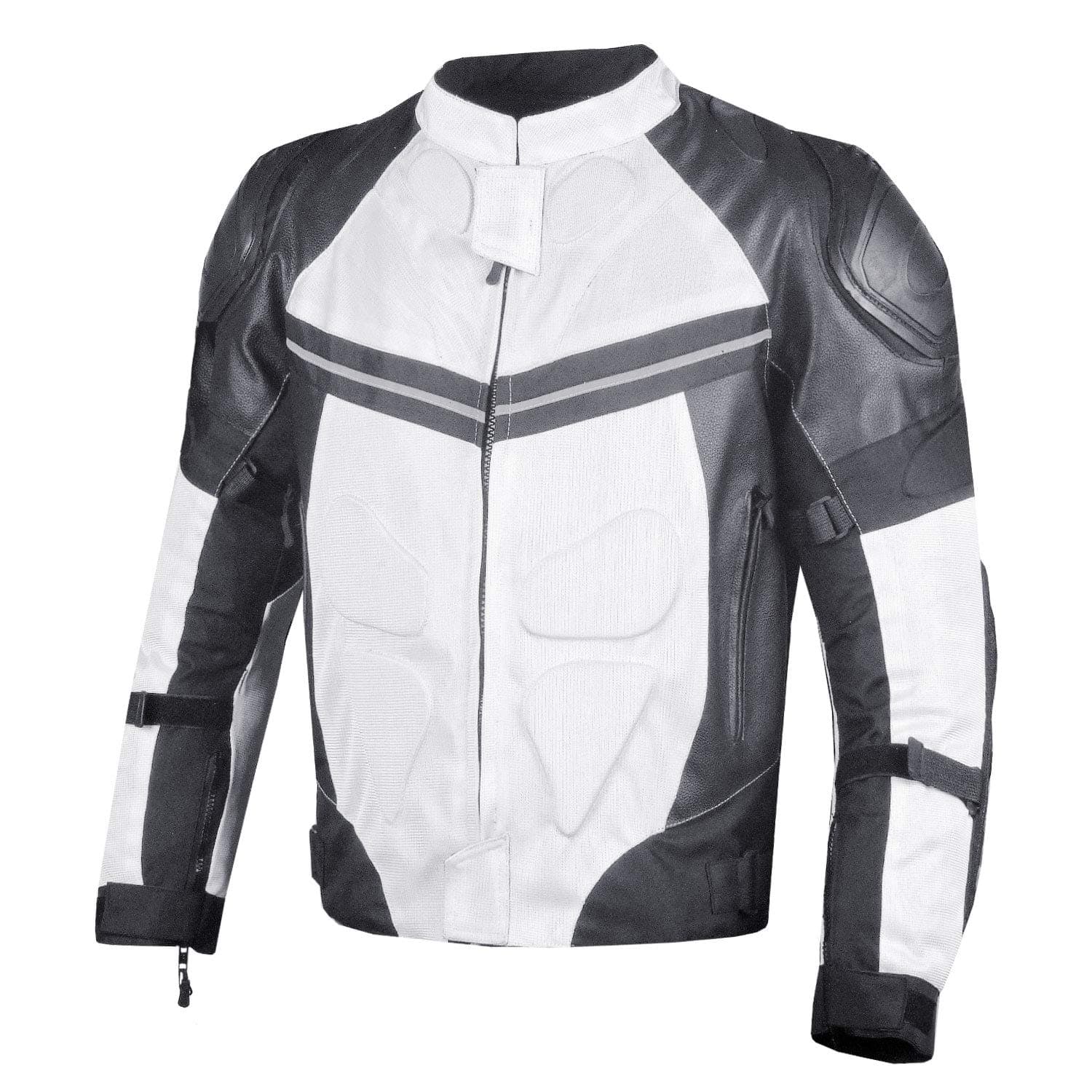 PRO LEATHER & MESH MOTORCYCLE WATERPROOF JACKET WHITE WITH EXTERNAL ARMOR M