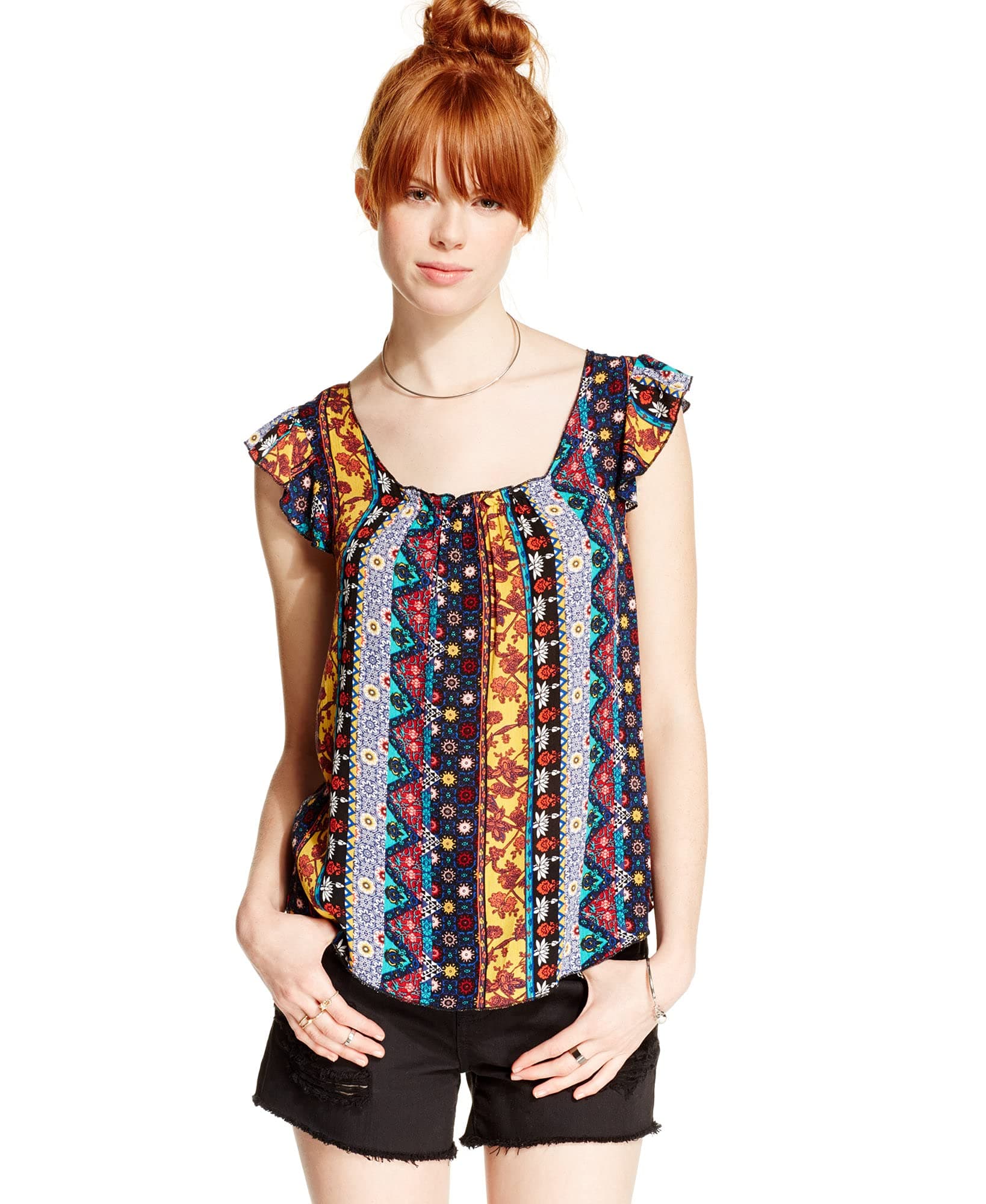 Belle Du Jour Juniors Printed Flutter Sleeve Top Multi Small