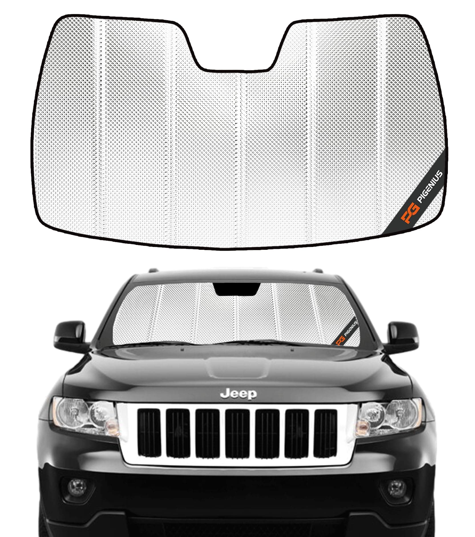 Pigenius Windshield Sun Shade for Jeep Grand Cherokee 2011-2013 Without Rearview Mirror Mounted Camera. Reflective Aluminum Film Front Window Sunshade - BLAZBLOCK