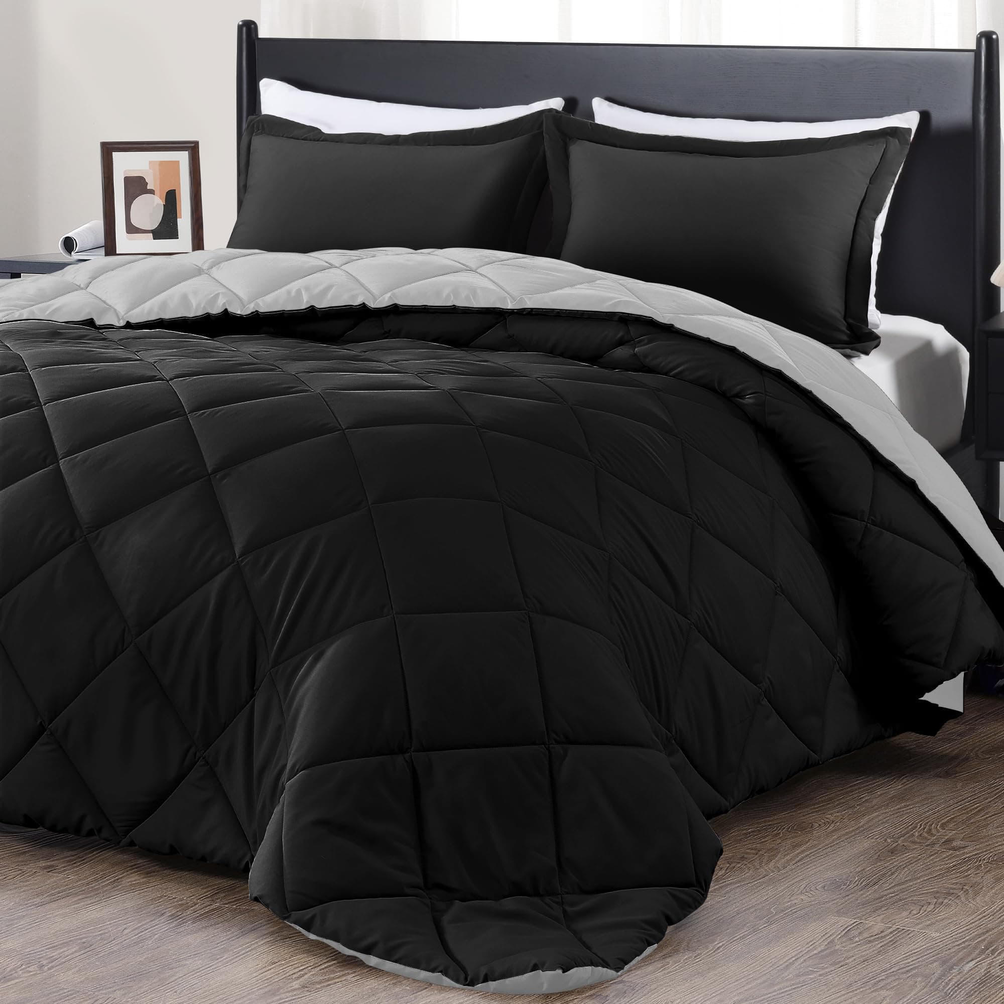 King, Black/Gray : Millihome 3-Piece Diamond Pattern Lightweight Reversible King Comforter Set, Ebony/Flat Gray