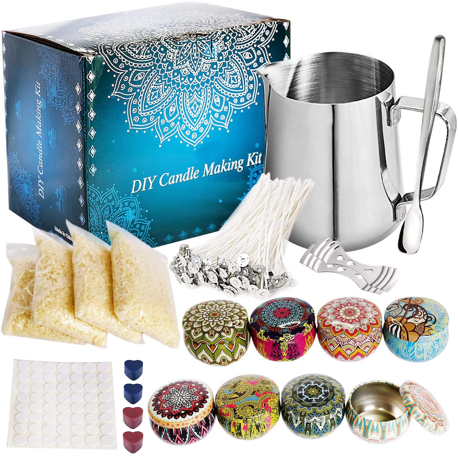 Toworld DIY Candle Making Kit Supplies, Craft Tools Include Pouring Pot, Wicks, Sticker, Holder, Beeswax, Tins, 2 Color Dye and Spoon
