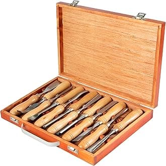 Wood Chisel Sets 12pcs，Carving Hand Chisel 3-3/4Inch Blade Length with Red Eucalyptus Handle,Wood Tool Box