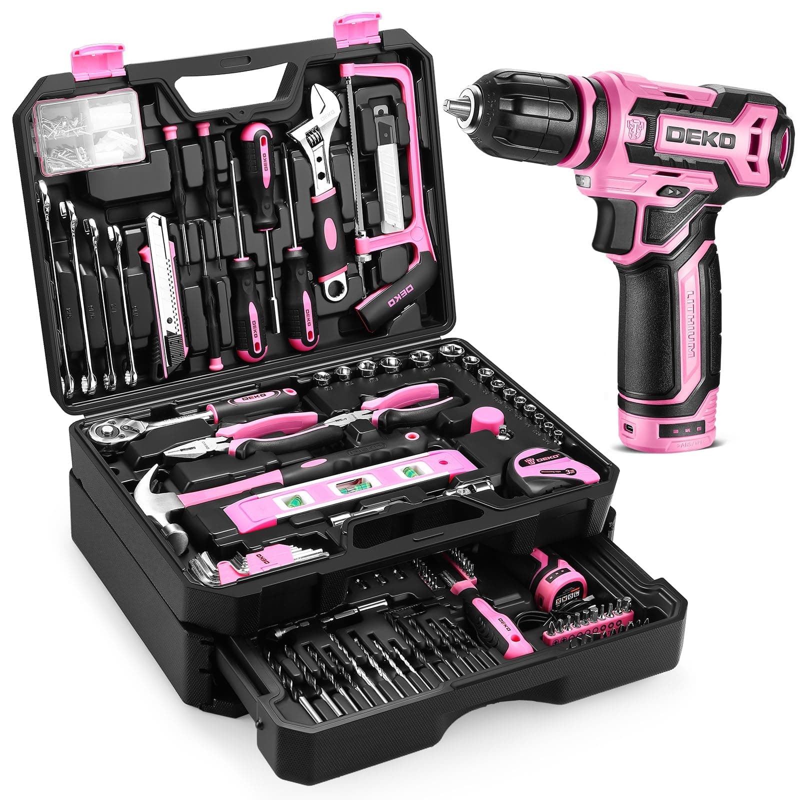 Pink Tool Kit Box Drill Set：DEKOPRO Home Mechanic Toolbox with 12V Power Cordless Drill Hand Repair Tools Sets Combo Kits Storage Organizer Drawer Case for Men & Women