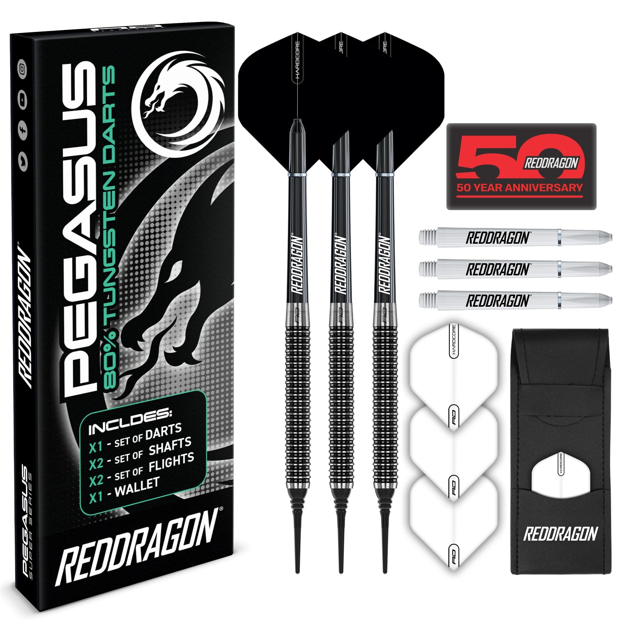 Pegasus Soft TIP Darts Set - 18g or 20g - White Red Dragon Stems and White Flights