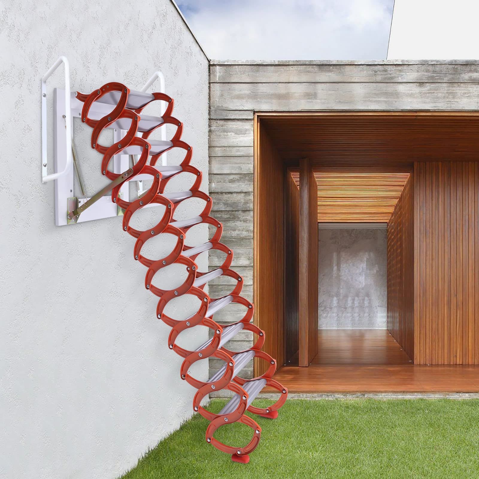 Attic Steps Pull Down 12 Steps Attic Extension Loft Ladder Stairs Folding Ladder Wall-Mounted Type not Pull Down from Ceiling for Attic Retractable Attic Ladder with Armrests 10 ft Height,Orange