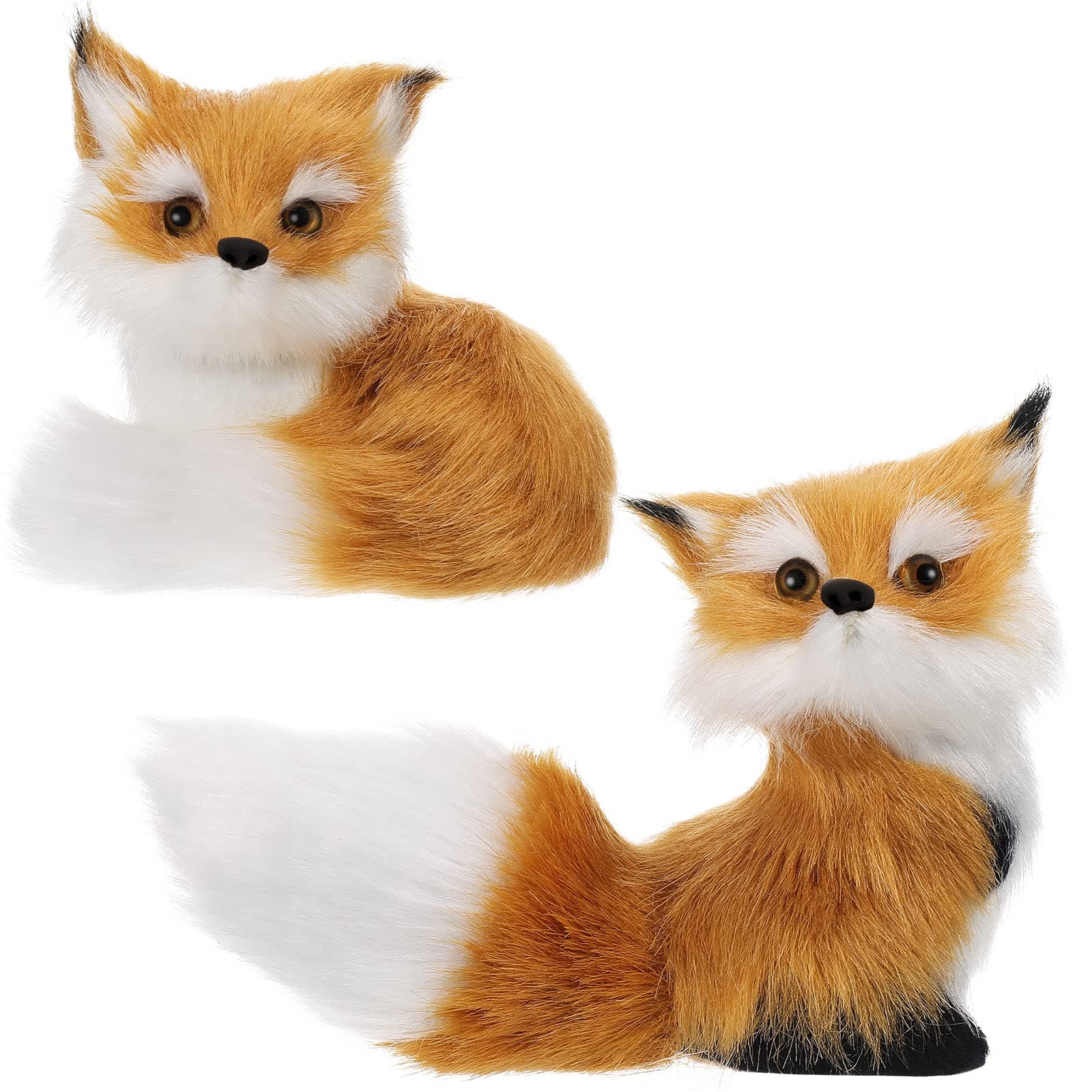 Sosation 2 Pcs Simulation Fox Mini Toy Fur Animal Model Stuffed Ornament Static Action Figures Fox Standing Sitting Plush for Home Office Desktop Bag Decoration 3.94 x 3.54 in, 3.15 x 2.75 in(Brown)