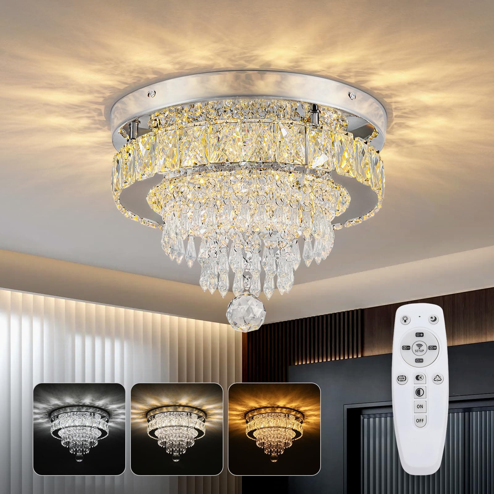 LED Dimmable Chandeliers Ceiling Light, Φ30cm Modern Flush Crystal Ceiling Light, Round Mini Crystal Chandelier with Clear K9 Crystals & Remote for Bedroom Living Room Dining Room Hallway