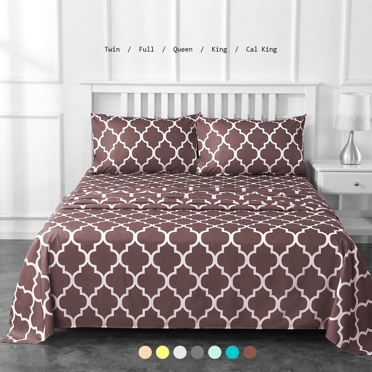 Bed Sheet Set by Prime Bedding - Microfiber Sheet Quatrefoil Pattern - Deep Pocket, Hotel Collection, 4 Piece (Queen, Brown)