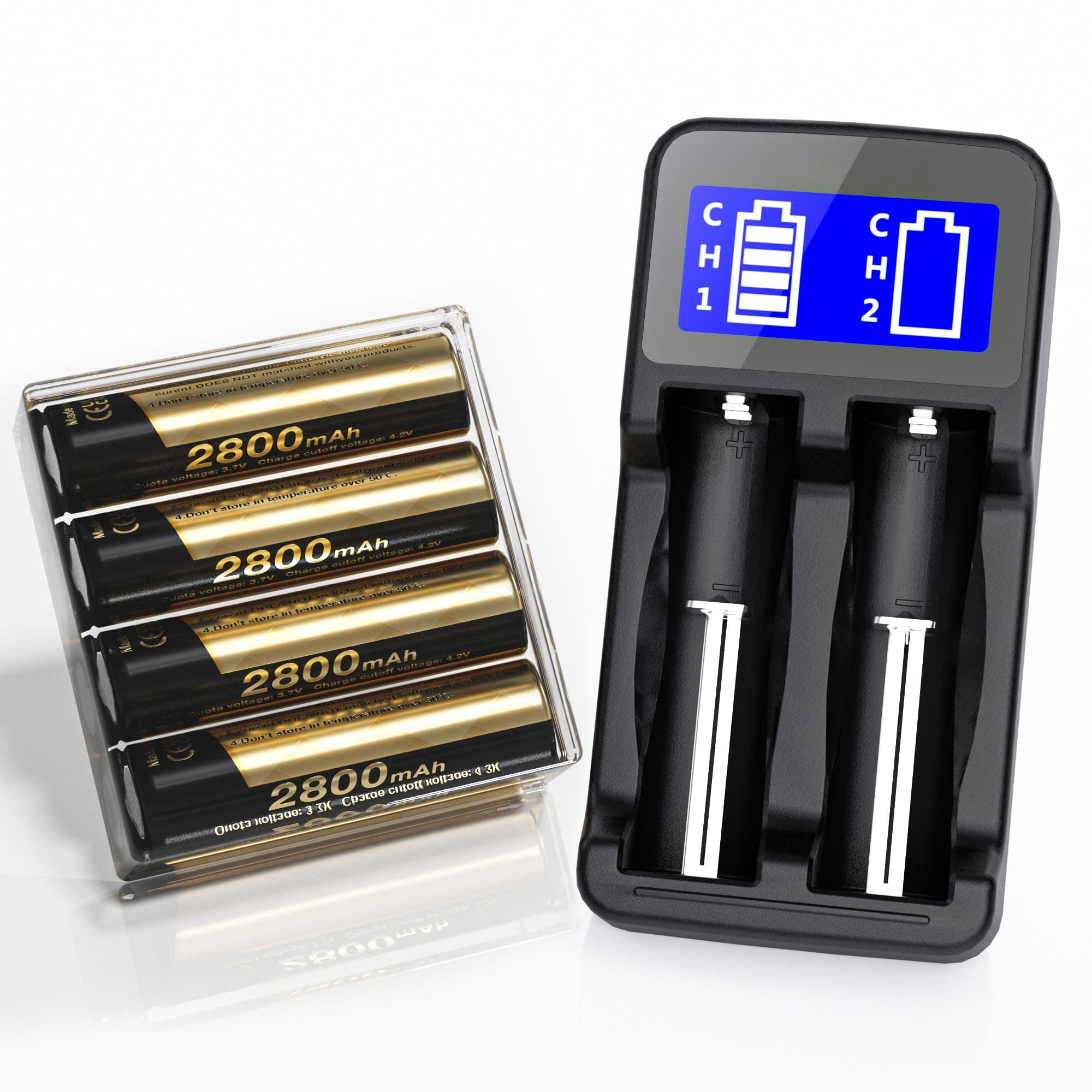 4 Pack 3.7 V 18650 Rechargeable Battery Flat top with Charger, 18650 Lithium-ion Rechargeable Battery Set