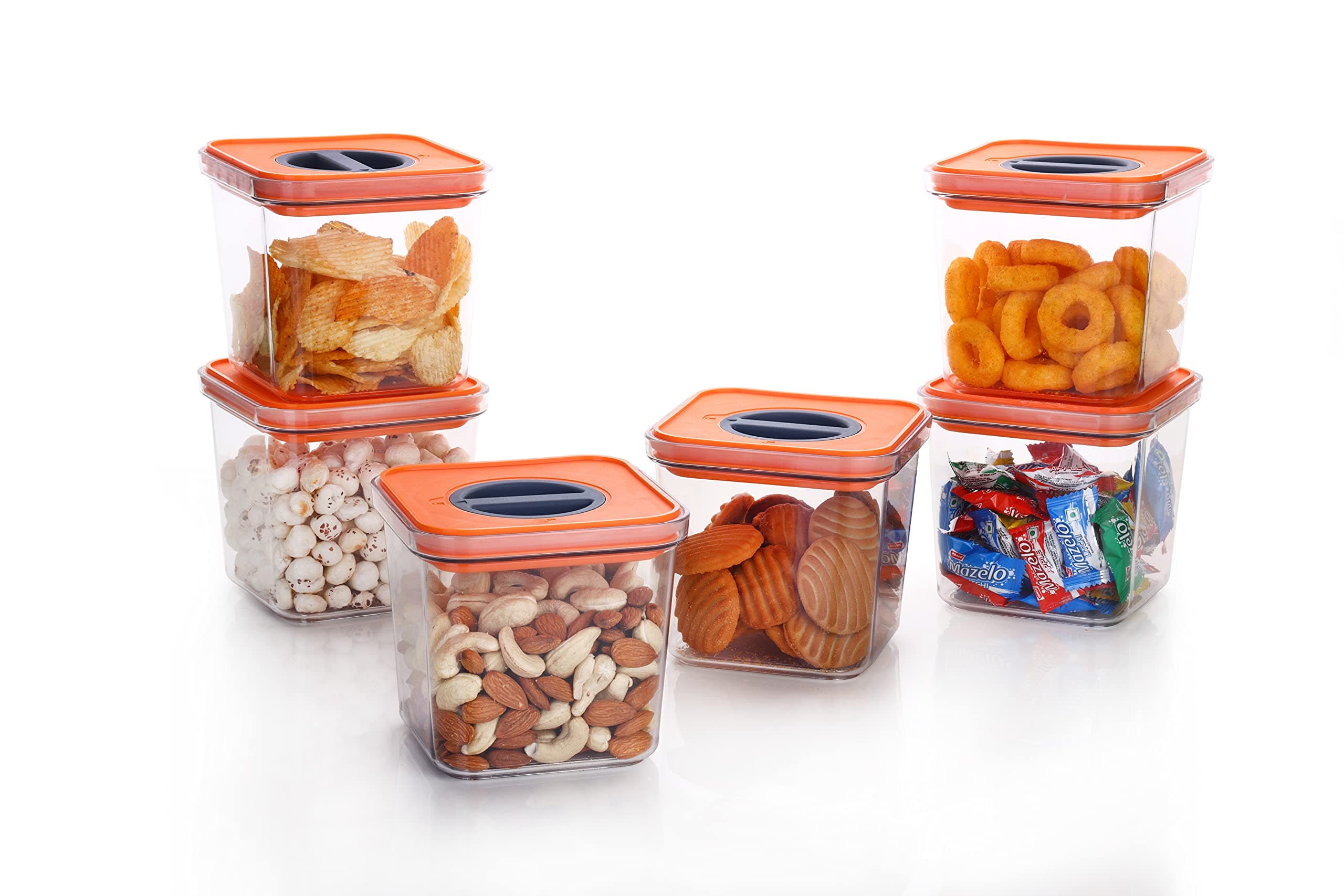 Global Voice Kitchen Plastic Storage Box Set Unbreakable Sturdy Airtight Transparent Jar | Kitchen Containers | PET-Grocery Containers (Pack of 6, Orange) (Pack of 6-1500 Ml)