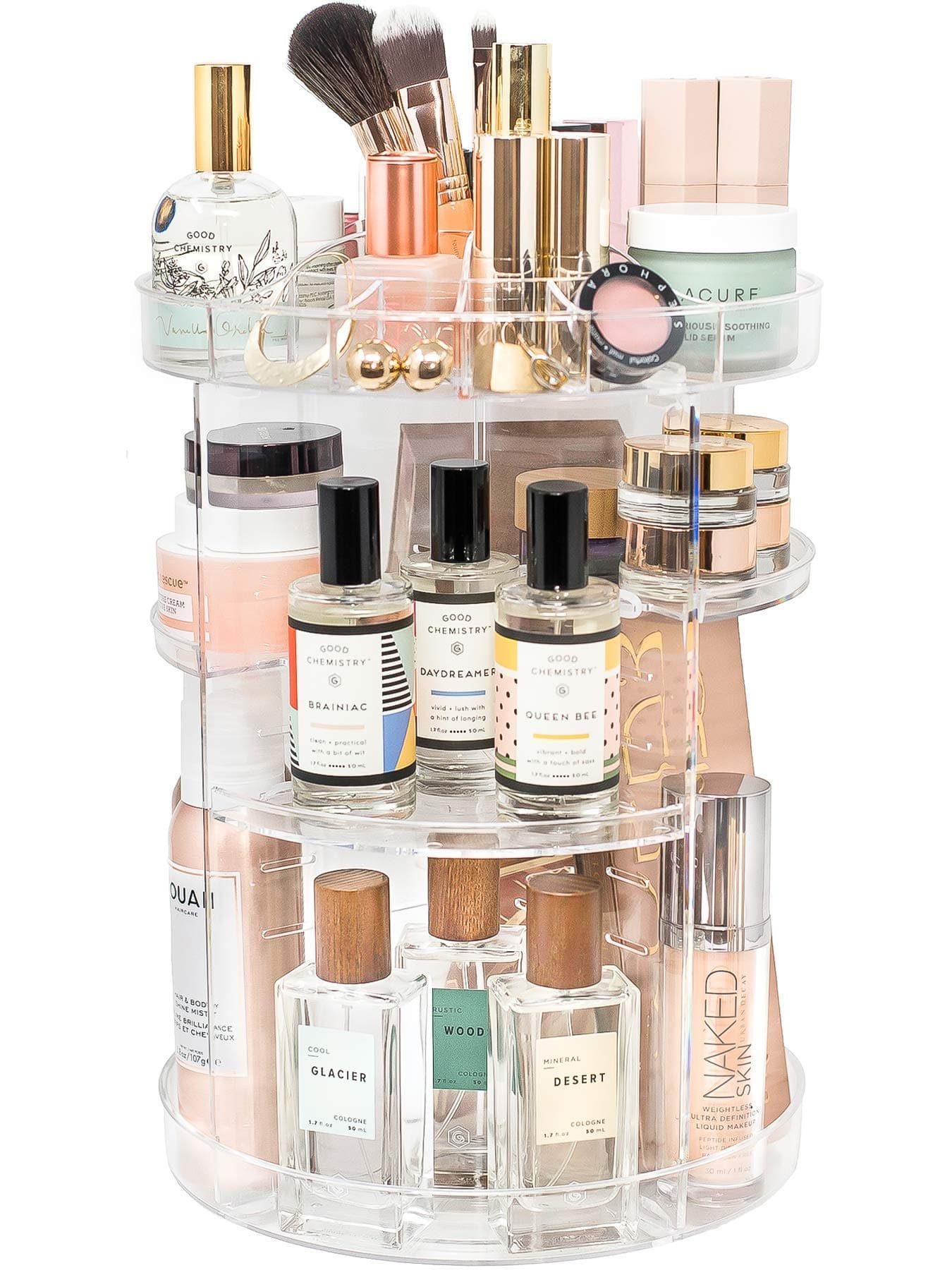 Rotating Makeup Organizer by Tranquil Abode | 360 Spinning Clear Acrylic Vanity & Bathroom Storage Display Case for Skincare, Perfume, Cosmetic, Beauty, Make up and Essential Oil Products