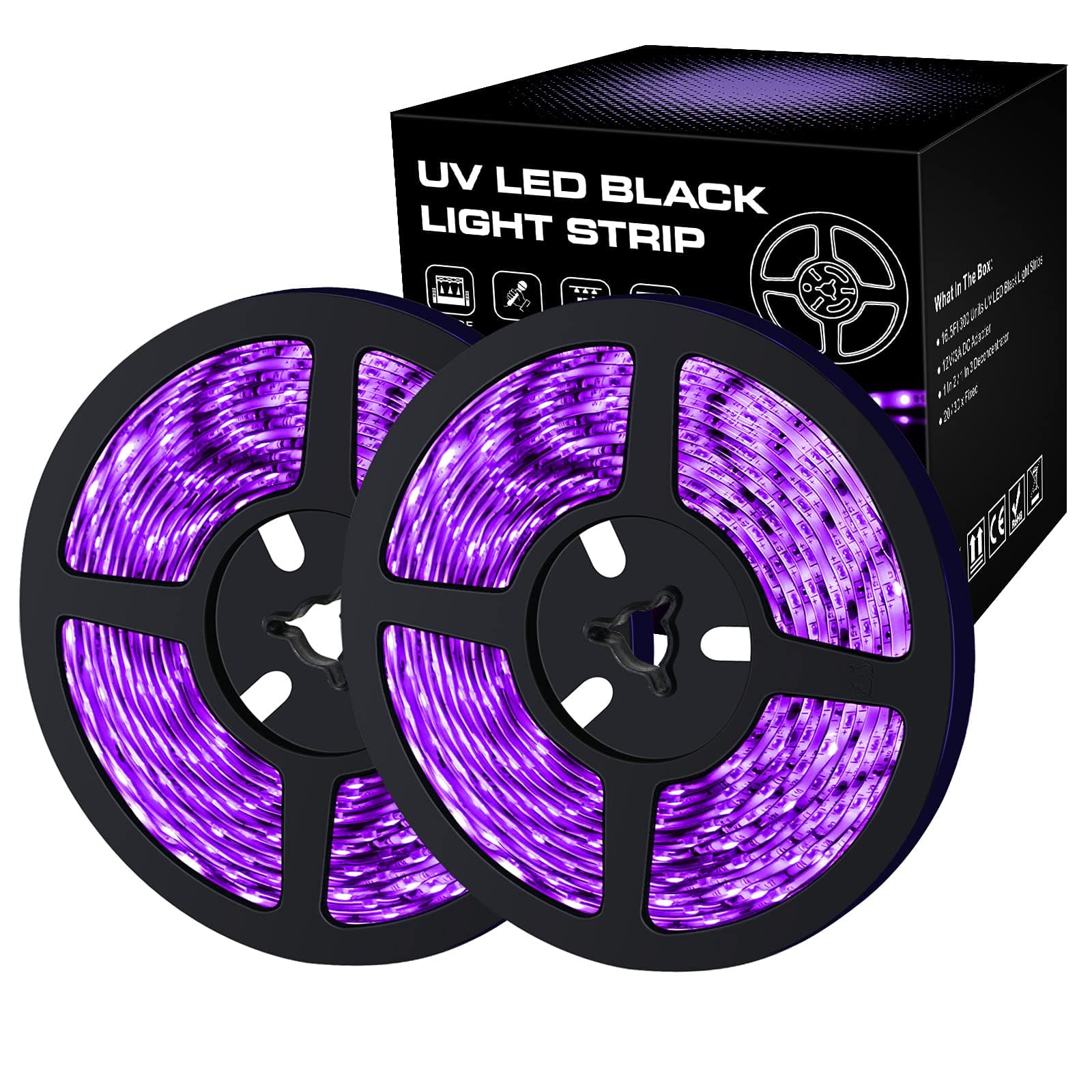 33ft UV Black Light Strip Kit, 600 Units LED Strip Lights, 12V/3A Flexible Blacklight Fixtures for Bedroom, Glow Party, Body Paint, Halloween, Christmas and Stage Lighting