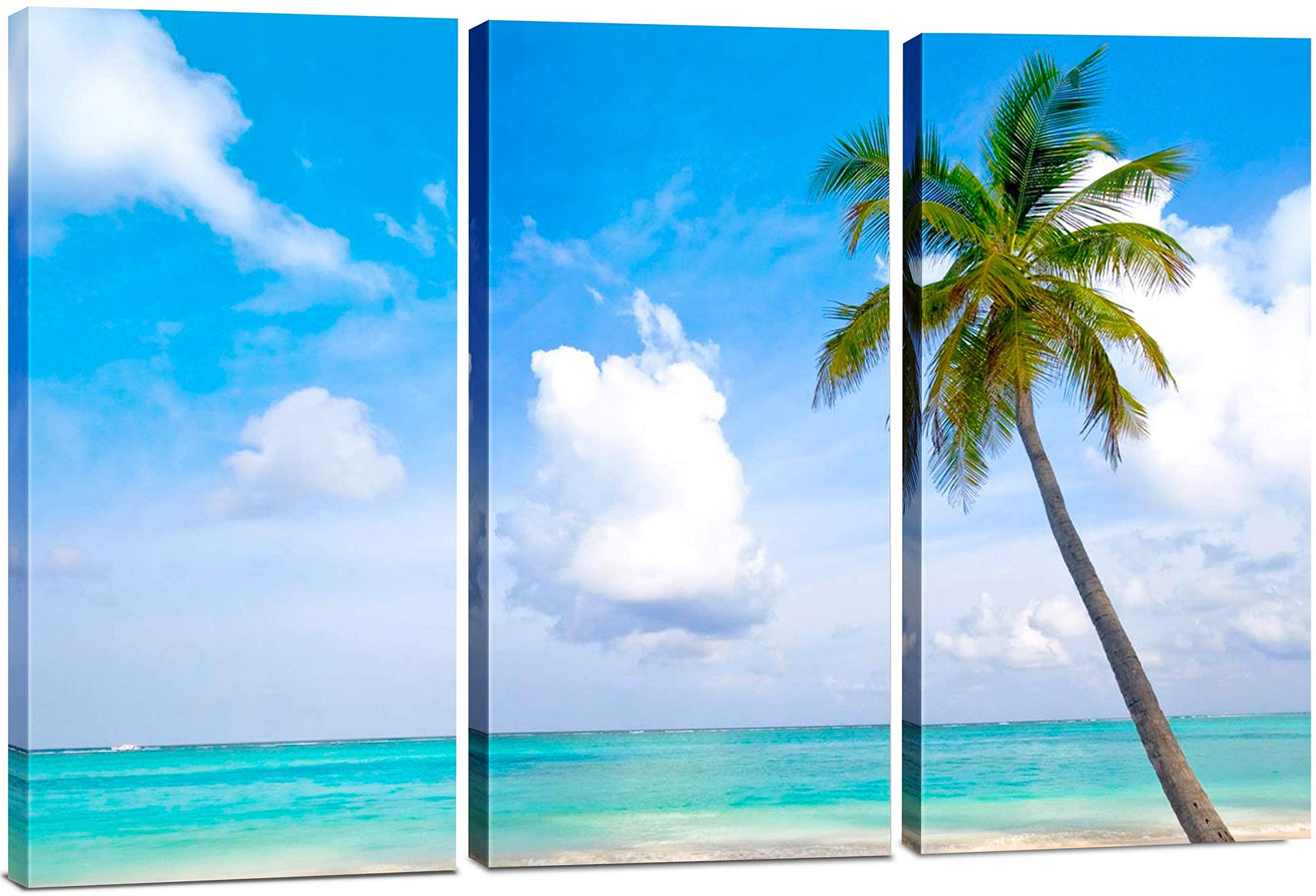 Beach Wall Art Decor - 3 Piece Set, Decorative Framed Palm Tree Ocean Canvas Art Multi Panel Split Prints for Living Room, Kitchen, Bedroom, Office & Home Decor Gift