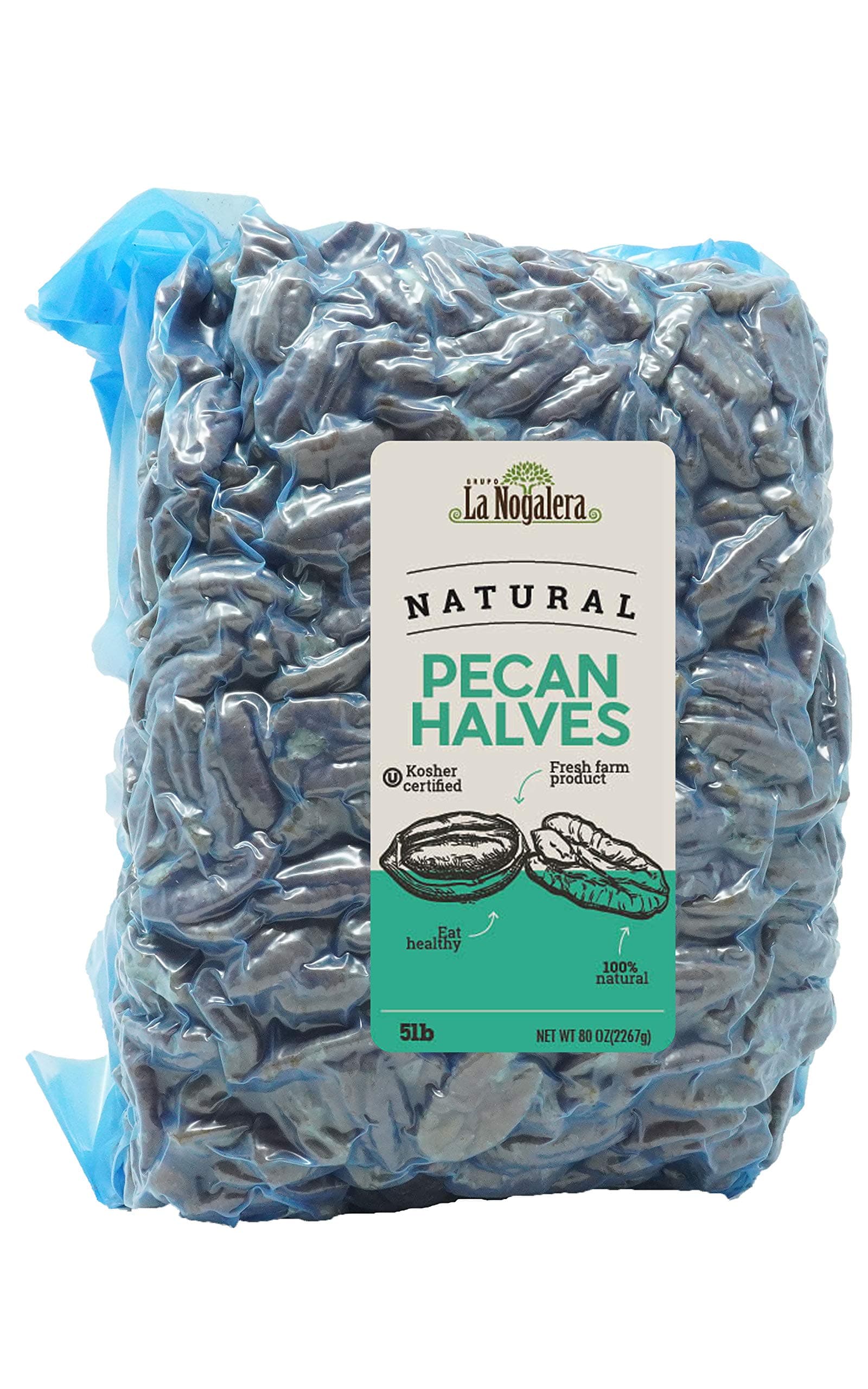La Nogalera Pecans - Raw pecan nuts, Natural, 5 lbs vacuum sealed bag. They compare to organic, NO SHELL, Non-GMO, No Preservatives, Unpasteurized, Kosher and Halal Certified and Ketogenic Friendly