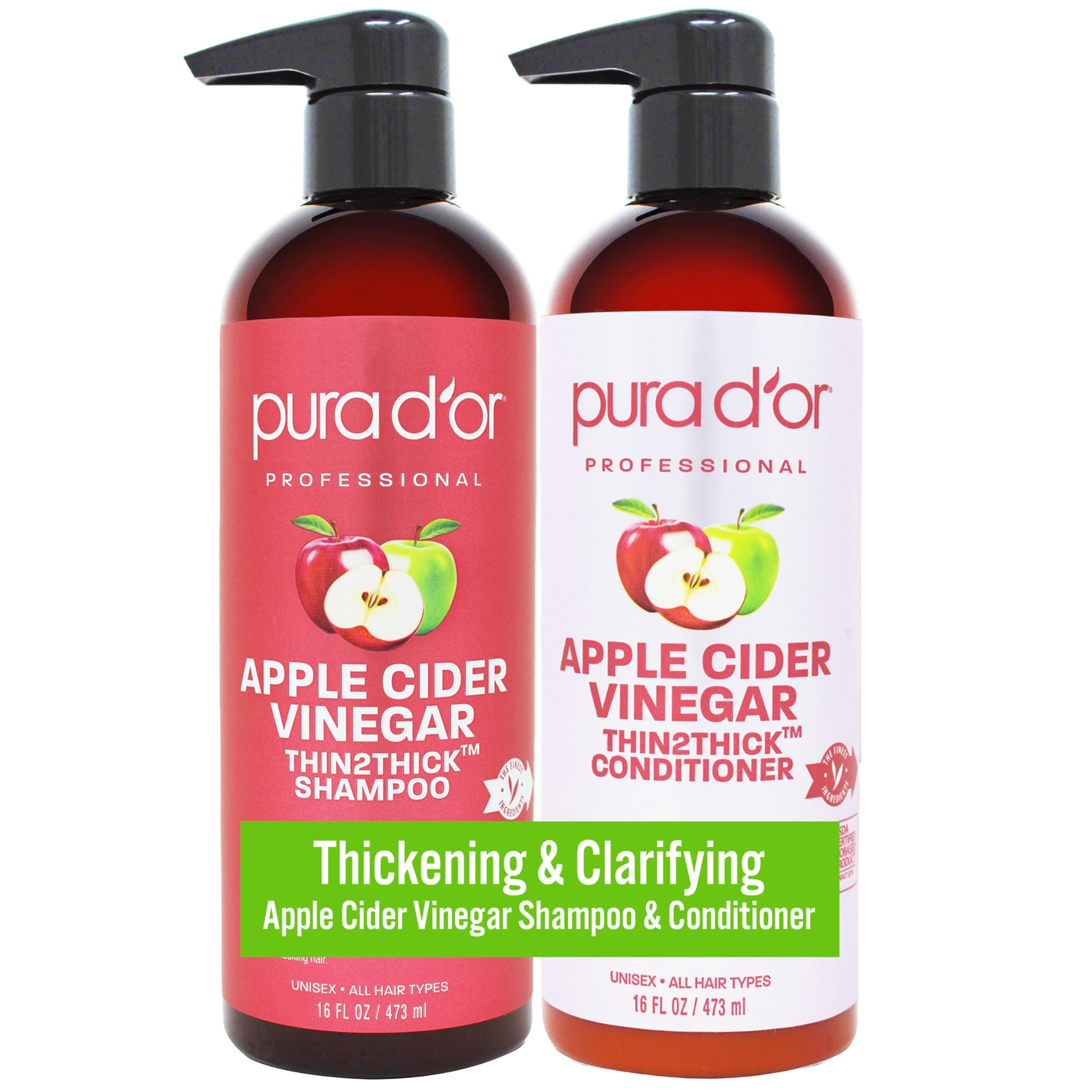 Apple Cider Vinegar Thin2Thick Set (16oz x 2) ACV Shampoo & Conditioner, Clarifying - Biotin, Keratin, Caffeine, Castor Oil, Aloe - All Hair Types, Men & Women (Packaging may vary)