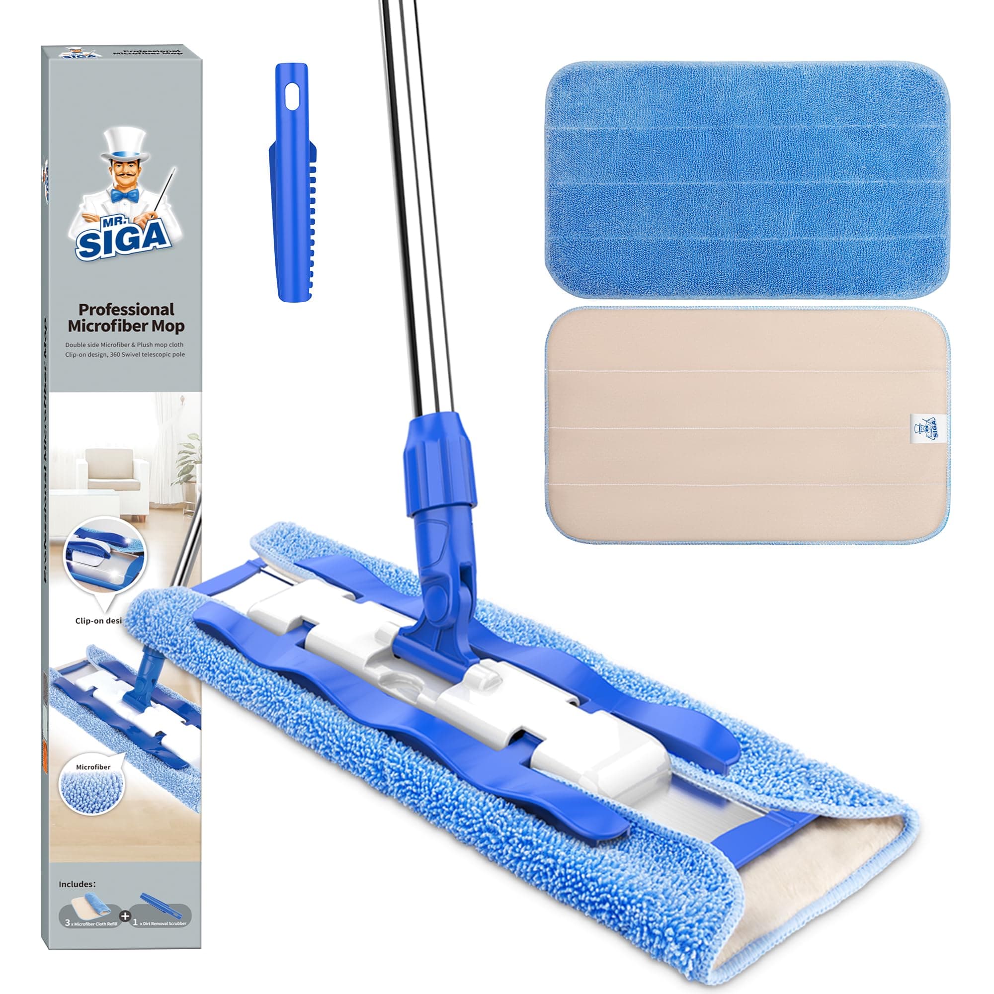 MR.SIGA Professional Microfiber Mop (Included 3 Microfiber Cloth Refills and 1 Dirt Removal Scrubber, Pad Size: 42cm x23cm)