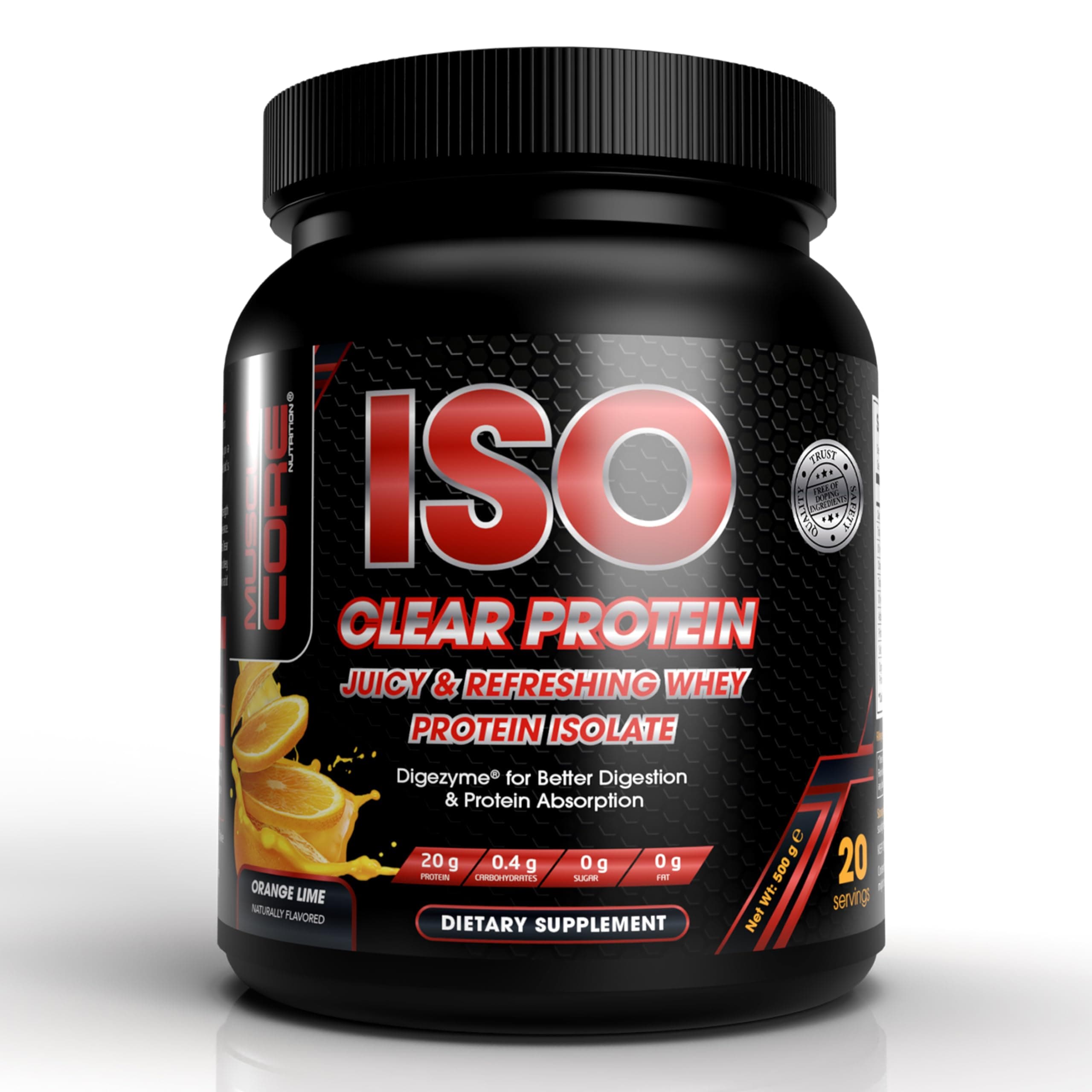 Muscle Core ISO Clear Whey Protein Isolate with Digezyme Digestive Enzymes I 20 Grams Protein, 5.5 Grams BCAA I Maximum Muscle Support & Recovery I Orange Lime Flavour I 500 Grams (20 Servings)